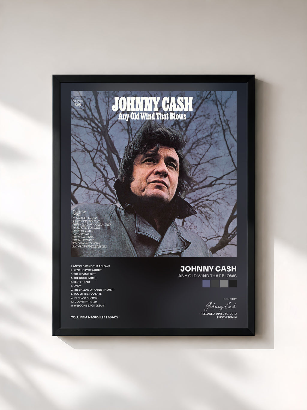#noir Tableau de l'album Any Old Wind That Blows de Johnny Cash, cadre noir, imprimé et encadré en France