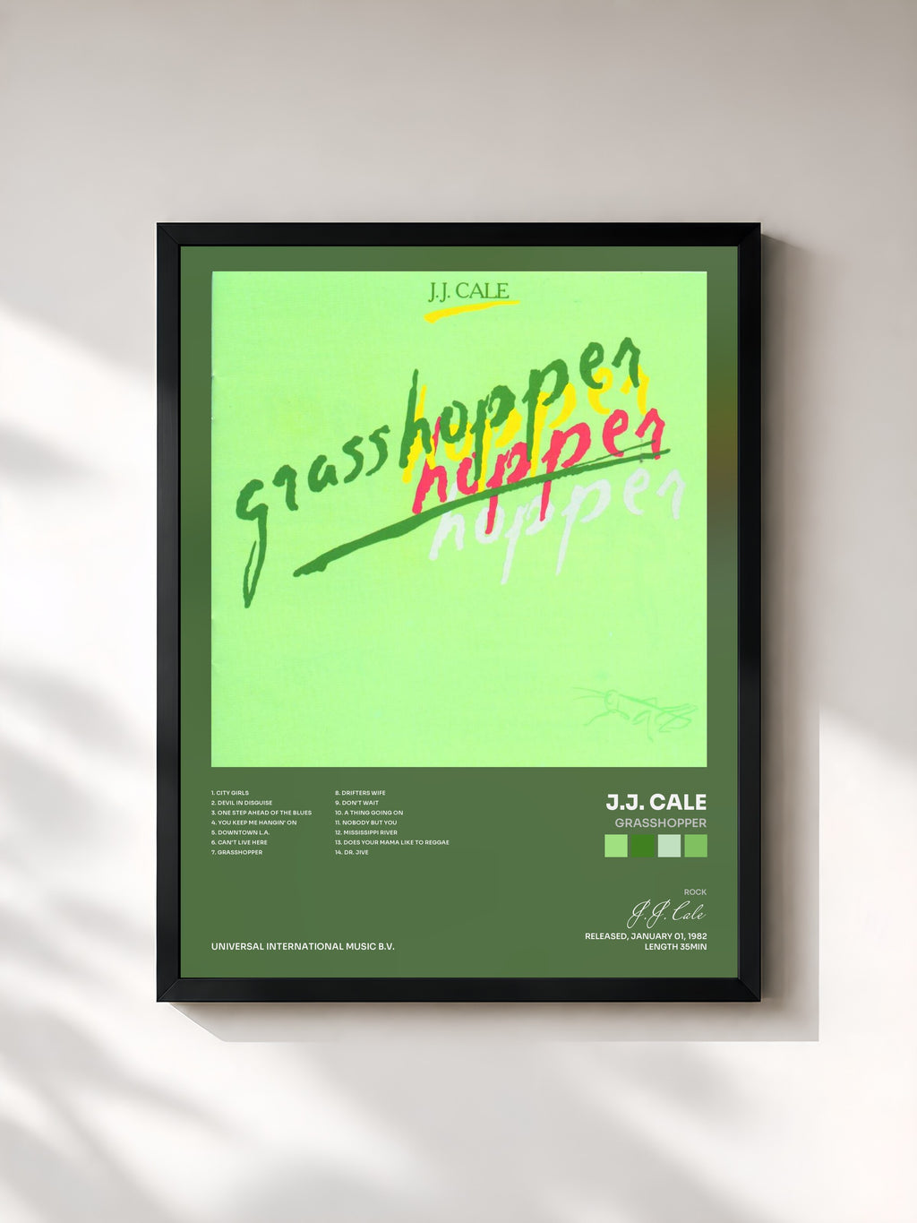 #noir Tableau de l'album Grasshopper de J.J. Cale, cadre noir, imprimé et encadré en France