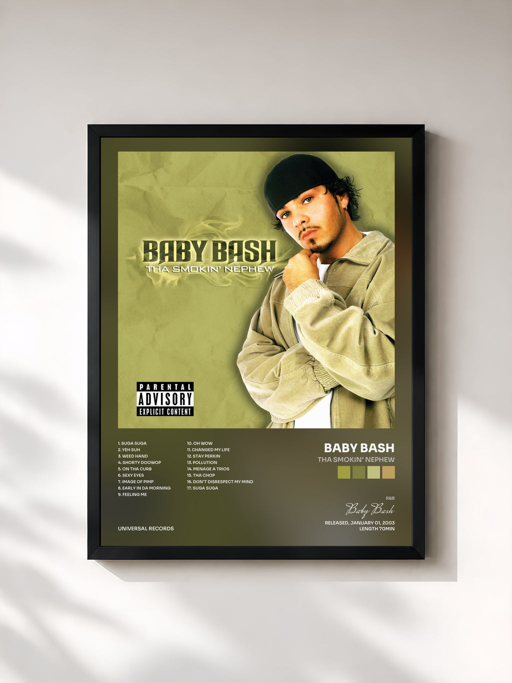 #noir Tableau de l'album Tha Smokin' Nephew de Baby Bash, cadre noir, imprimé et encadré en France