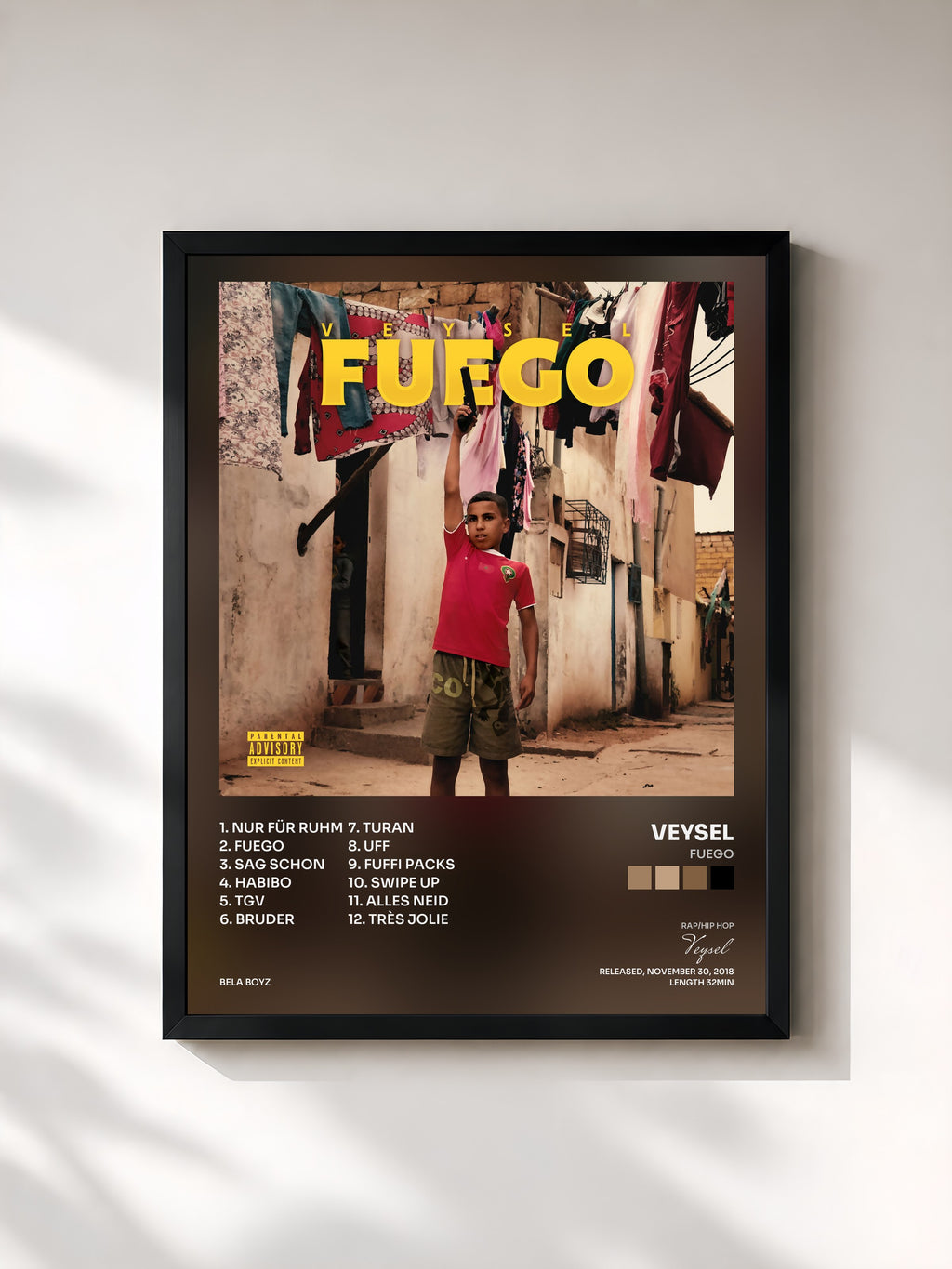 #noir Tableau de l'album Fuego de Veysel, cadre noir, imprimé et encadré en France