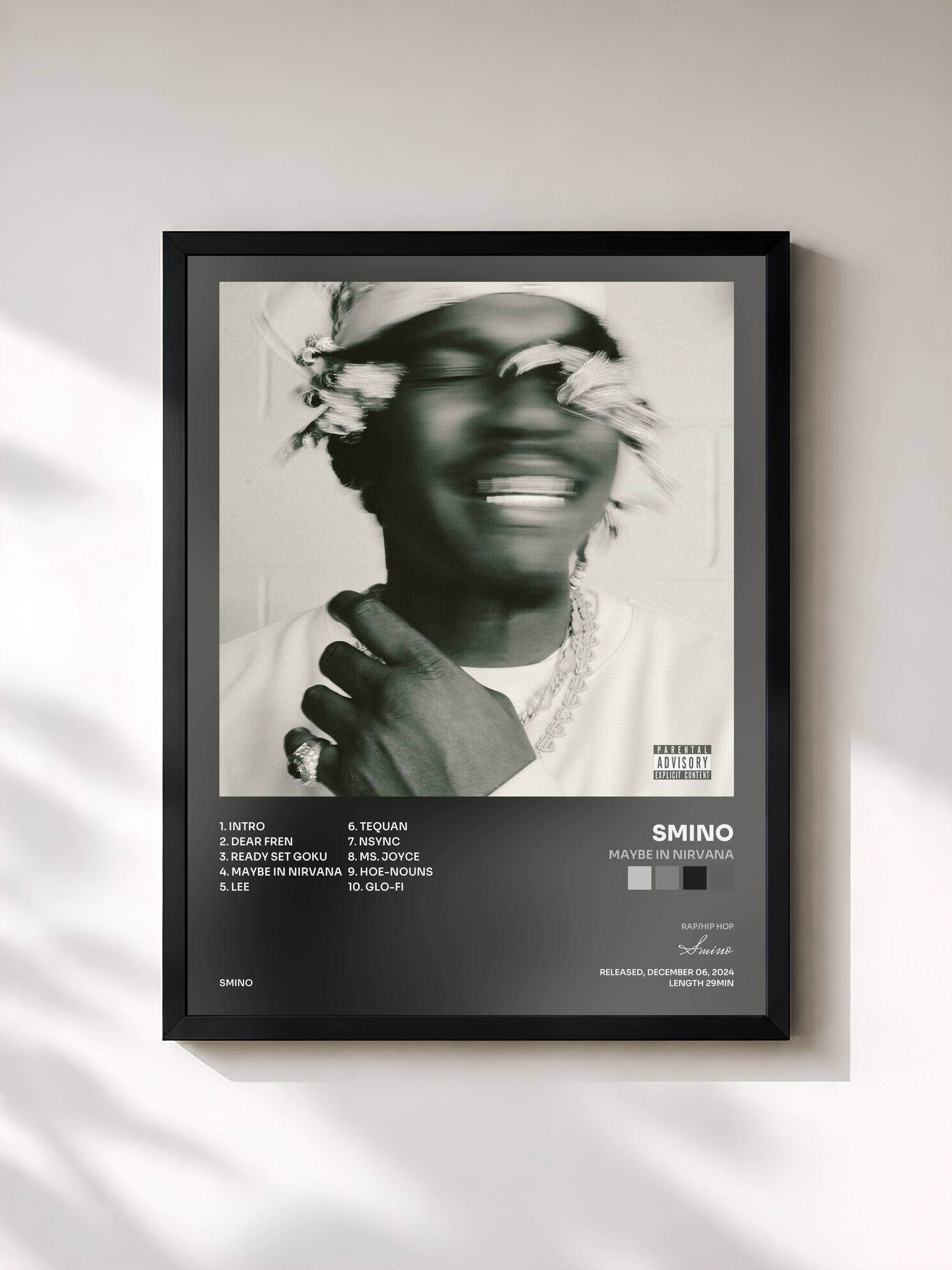 #noir Tableau de l'album Maybe in Nirvana de Smino, cadre noir, imprimé et encadré en France