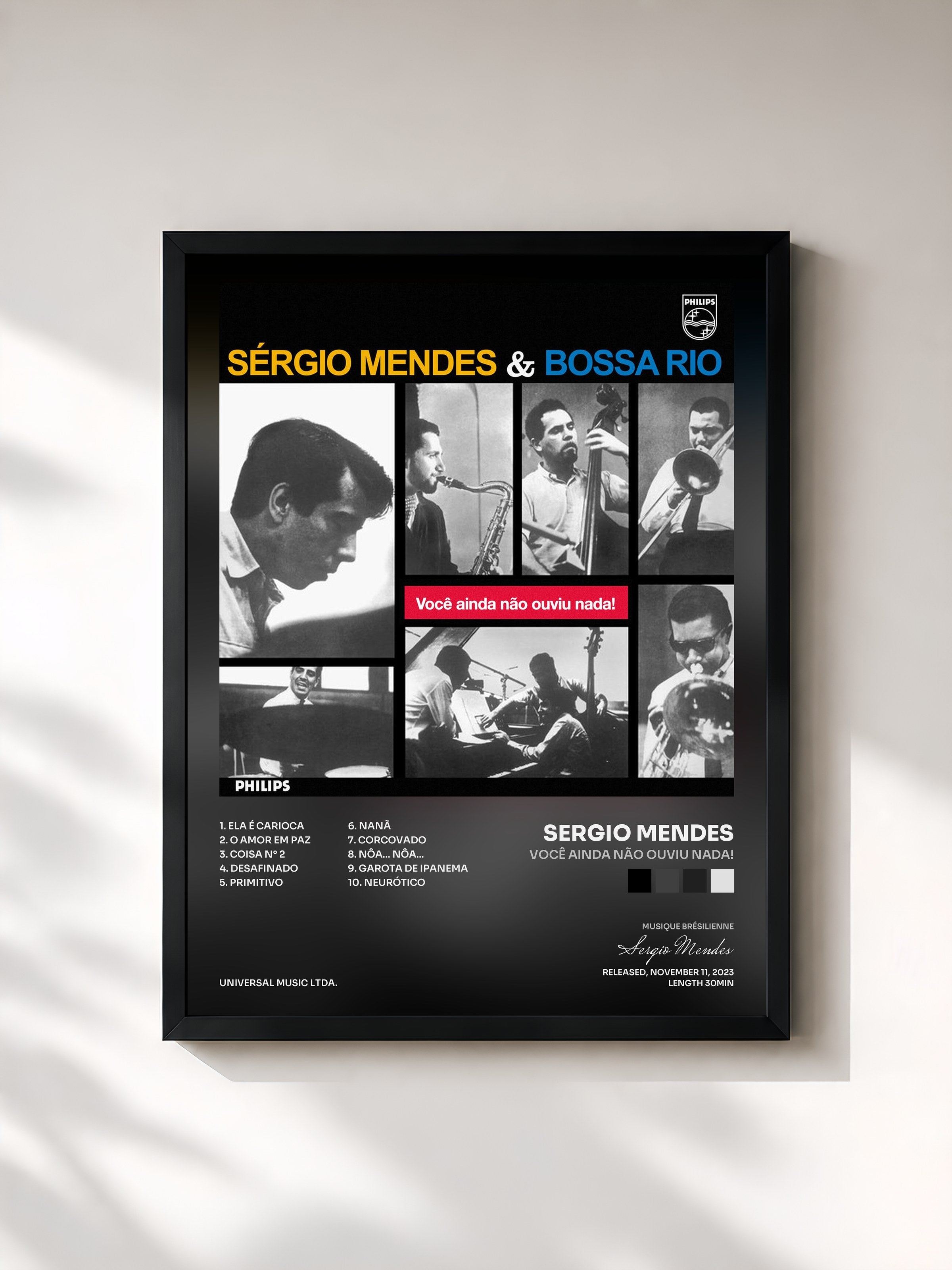 #noir Tableau de l'album Você Ainda Não Ouviu Nada! de Sergio Mendes, cadre noir, imprimé et encadré en France