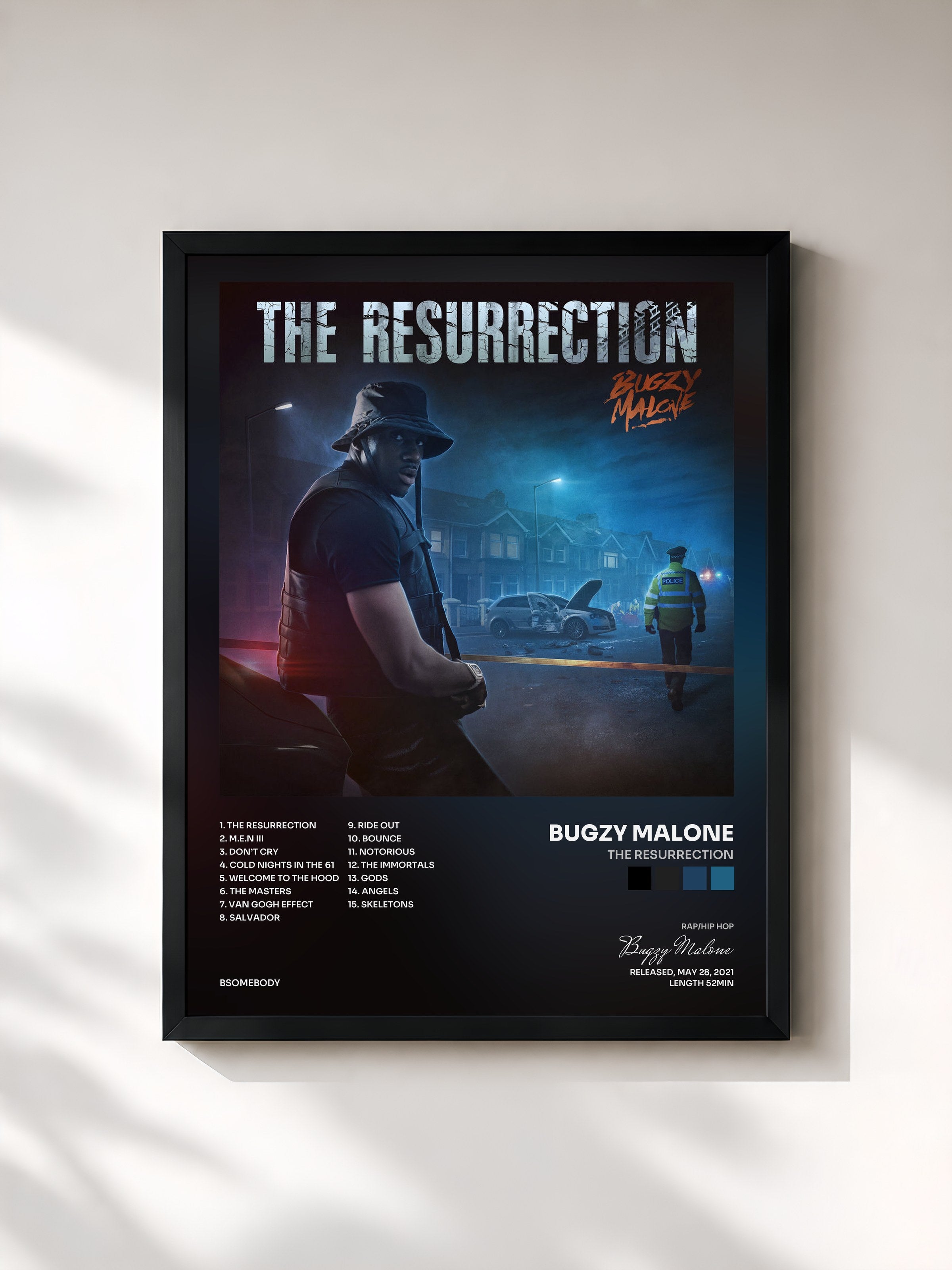 #noir Tableau de l'album The Resurrection de Bugzy Malone, cadre noir, imprimé et encadré en France