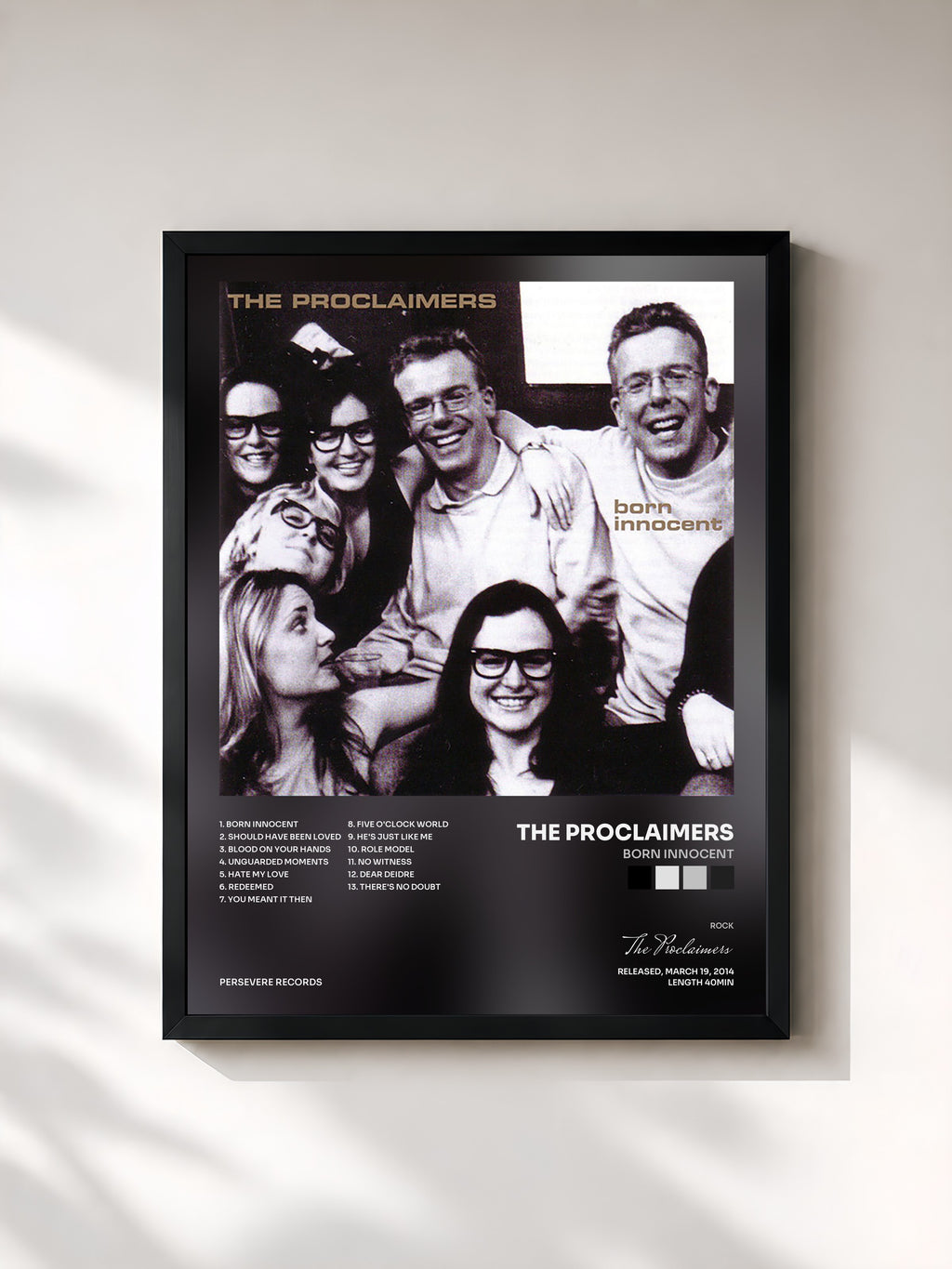 #noir Tableau de l'album Born Innocent de The Proclaimers, cadre noir, imprimé et encadré en France