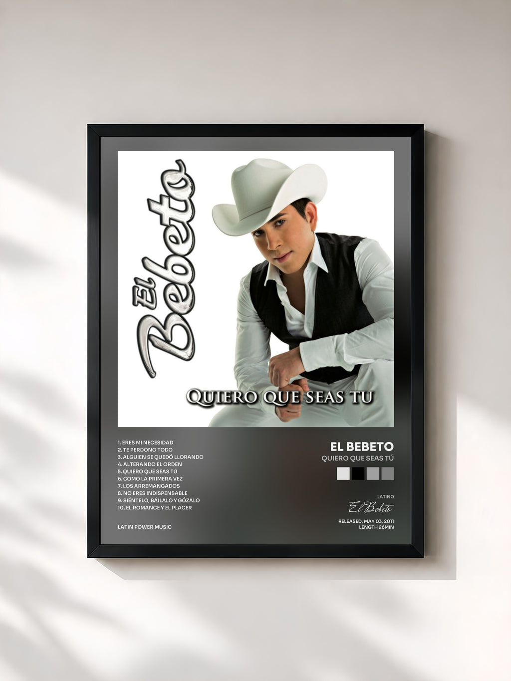 #noir Tableau de l'album Quiero Que Seas Tú de El Bebeto, cadre noir, imprimé et encadré en France