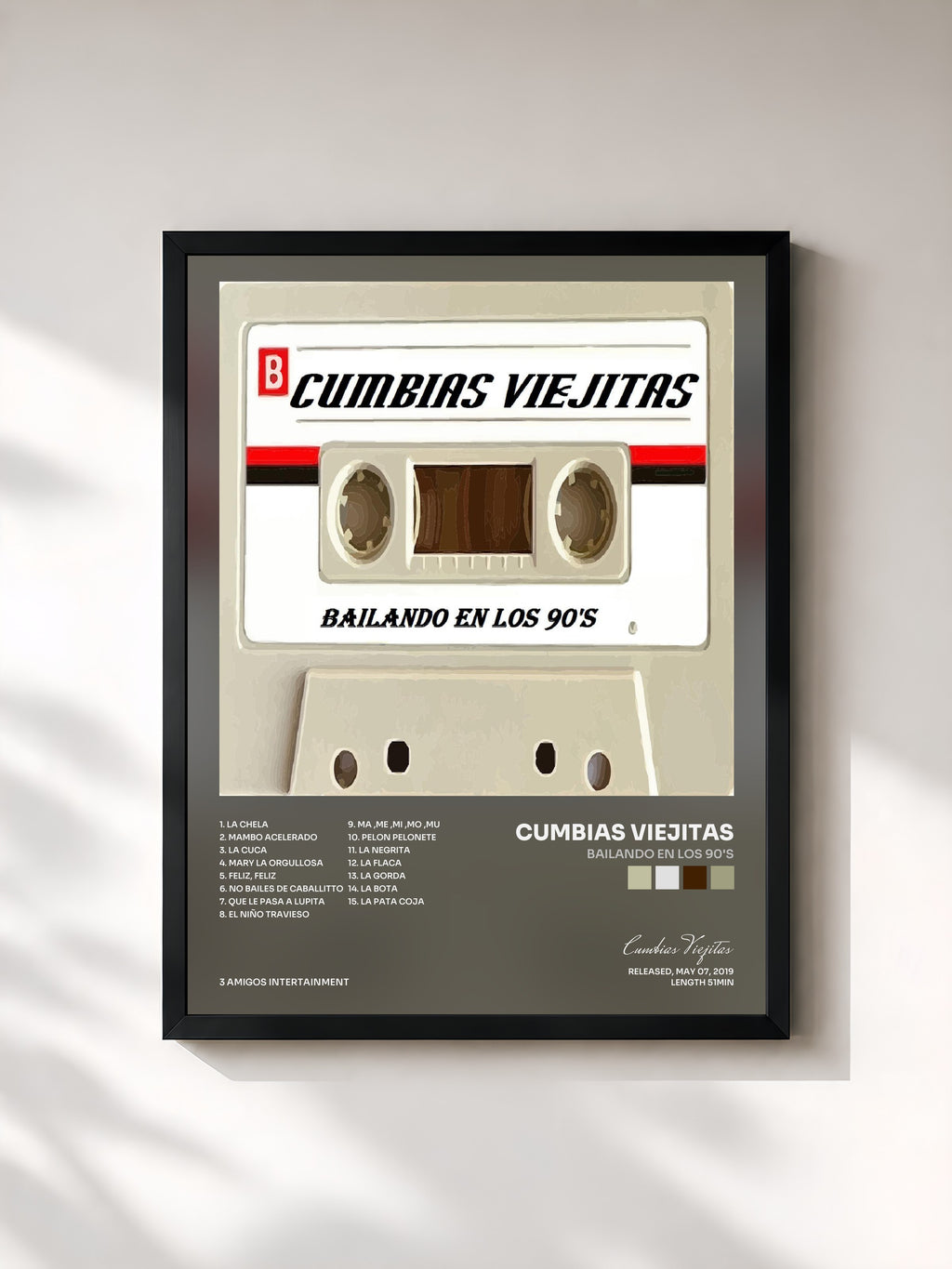 #noir Tableau de l'album Bailando En Los 90's de Cumbias Viejitas, cadre noir, imprimé et encadré en France