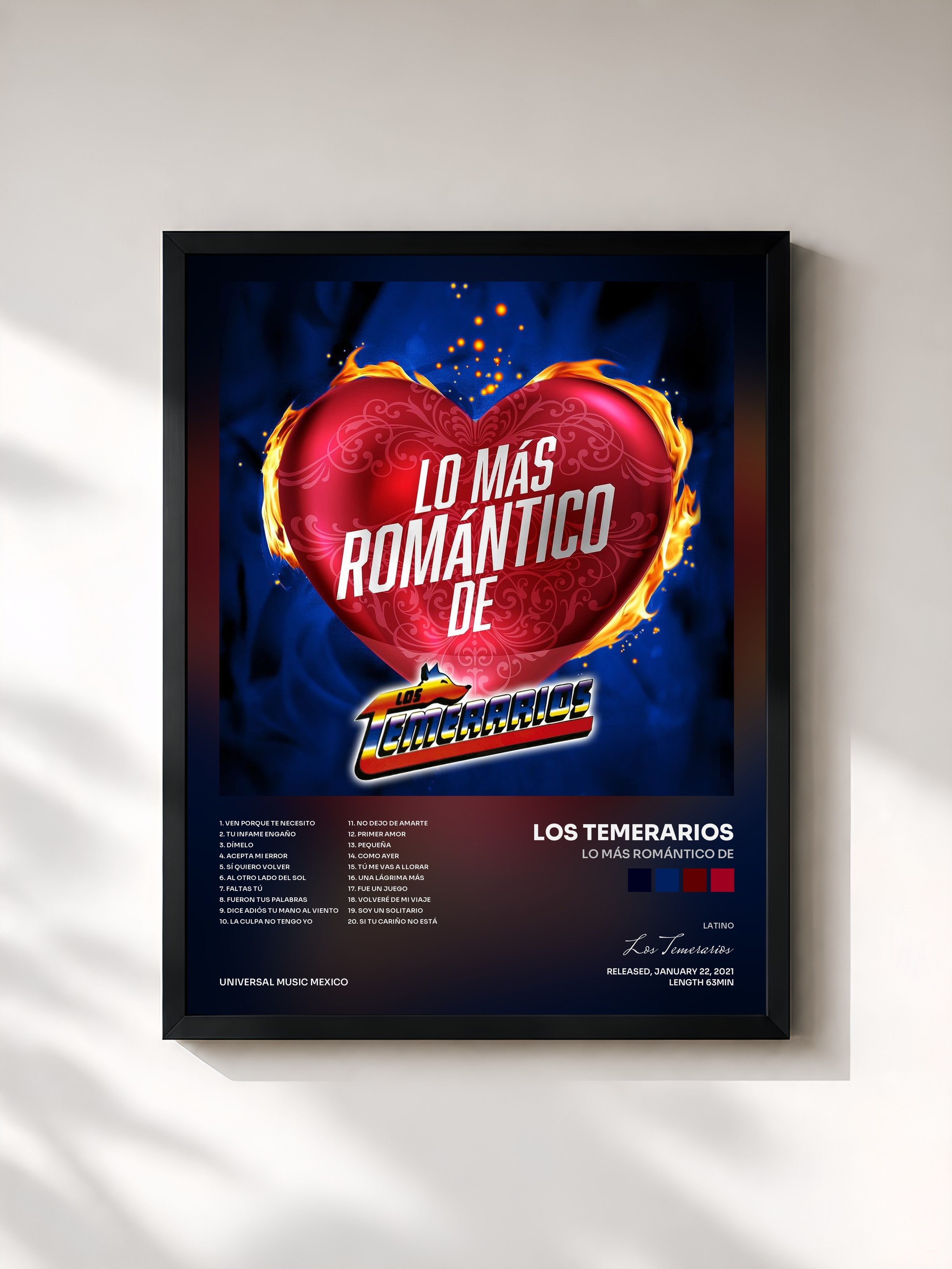 #noir Tableau de l'album Lo Más Romántico De de Los Temerarios, cadre noir, imprimé et encadré en France