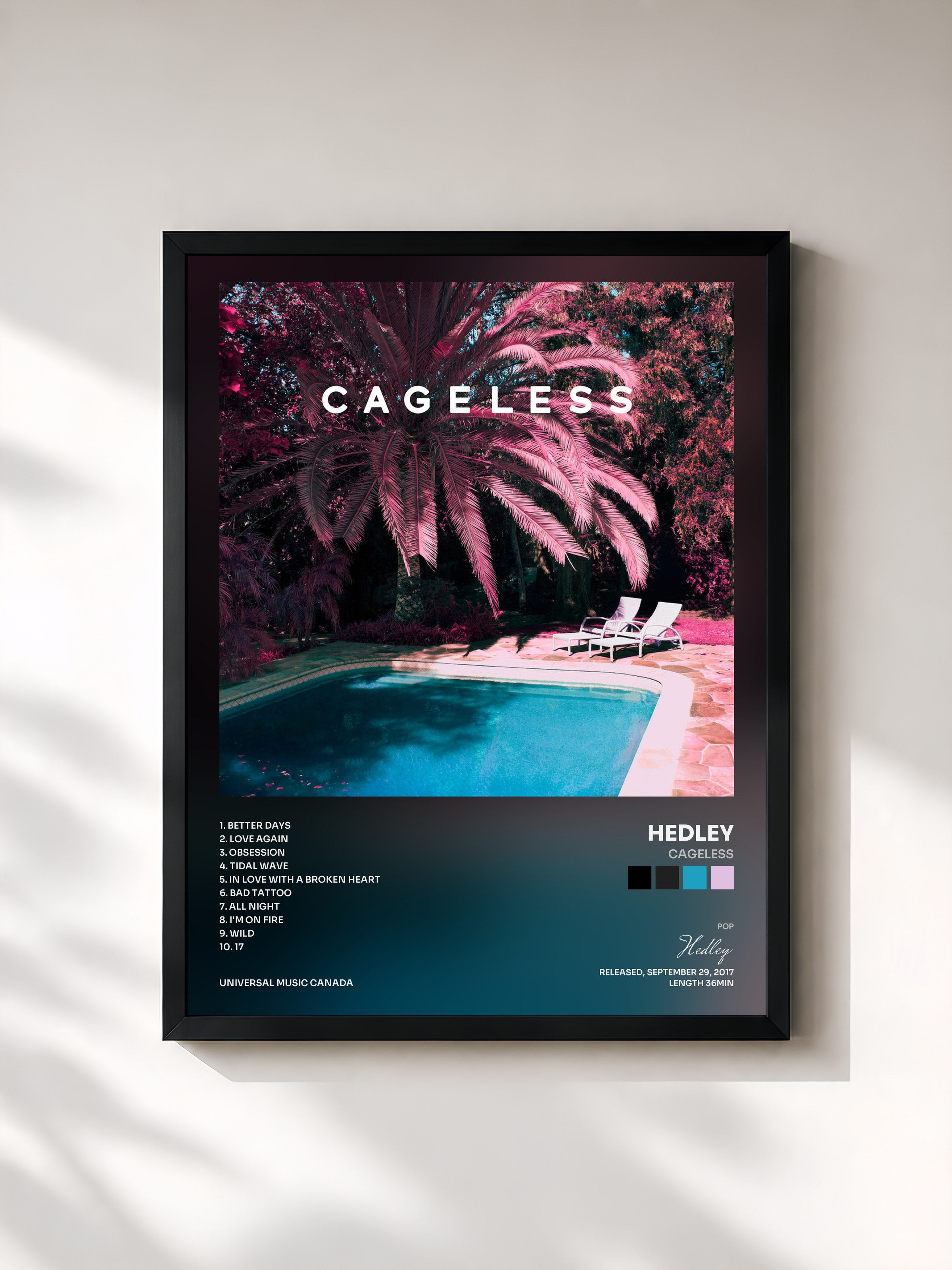 #noir Tableau de l'album Cageless de Hedley, cadre noir, imprimé et encadré en France