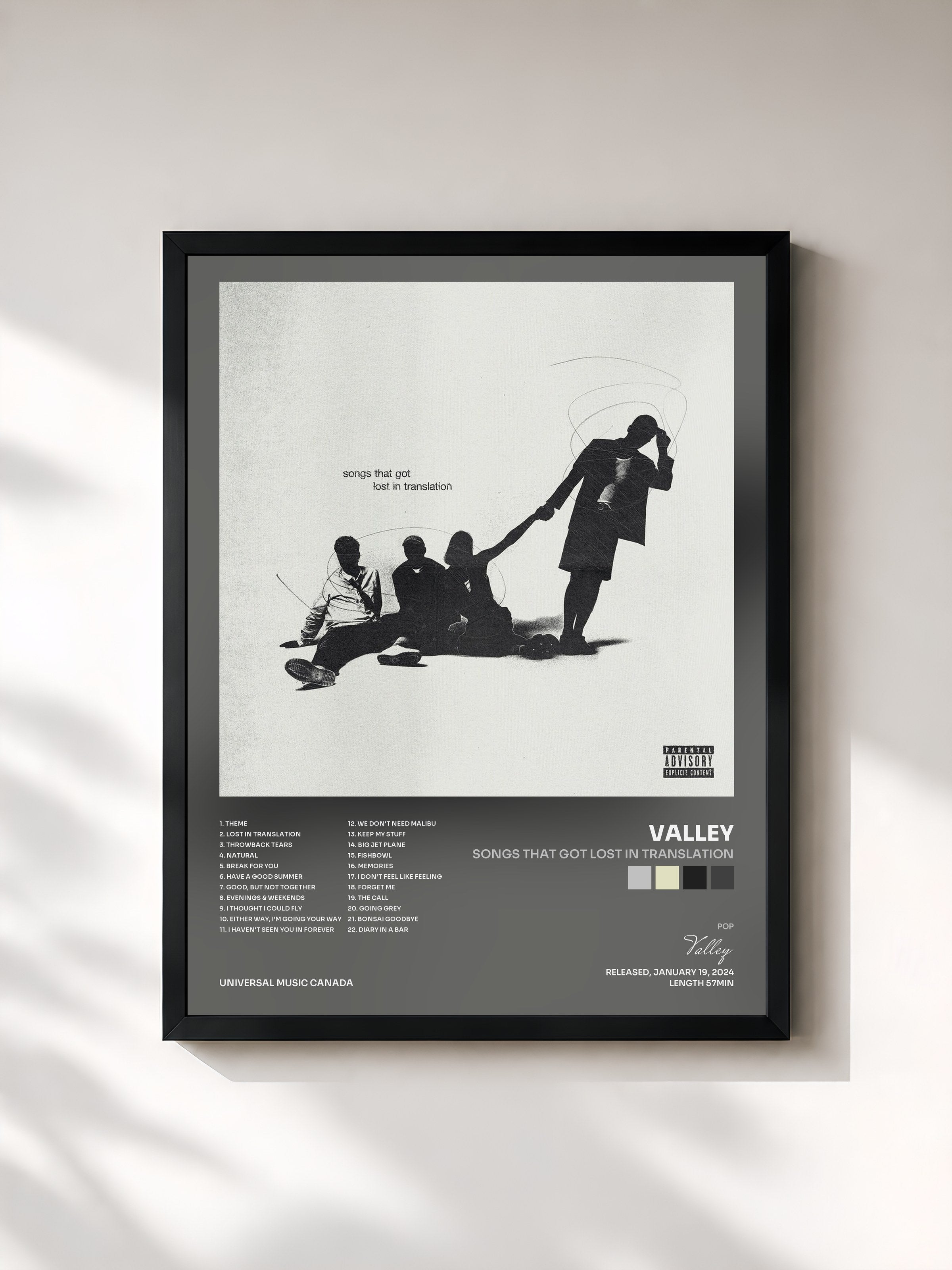 #noir Tableau de l'album songs that got lost in translation de Valley, cadre noir, imprimé et encadré en France