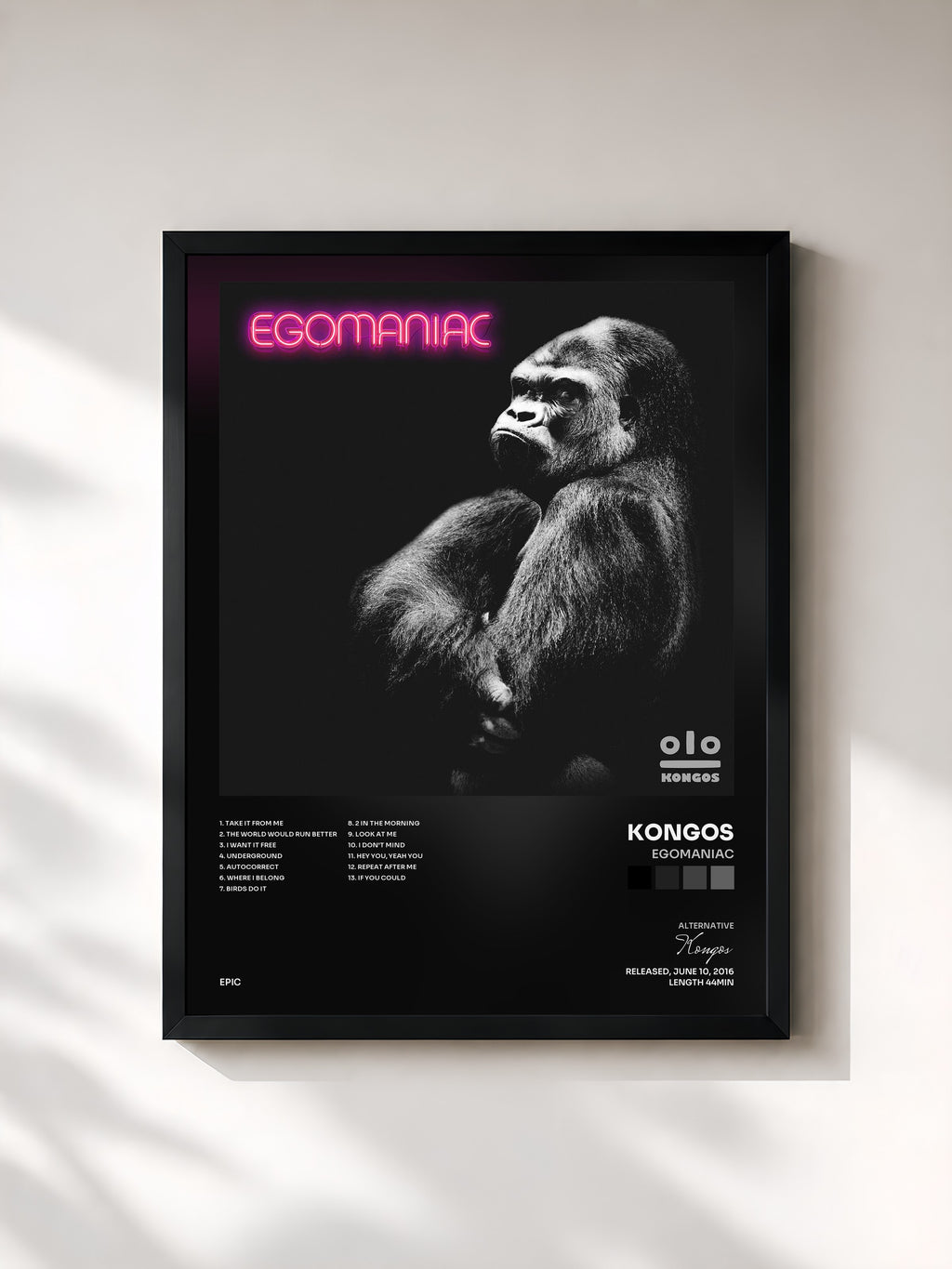 #noir Tableau de l'album Egomaniac de Kongos, cadre noir, imprimé et encadré en France