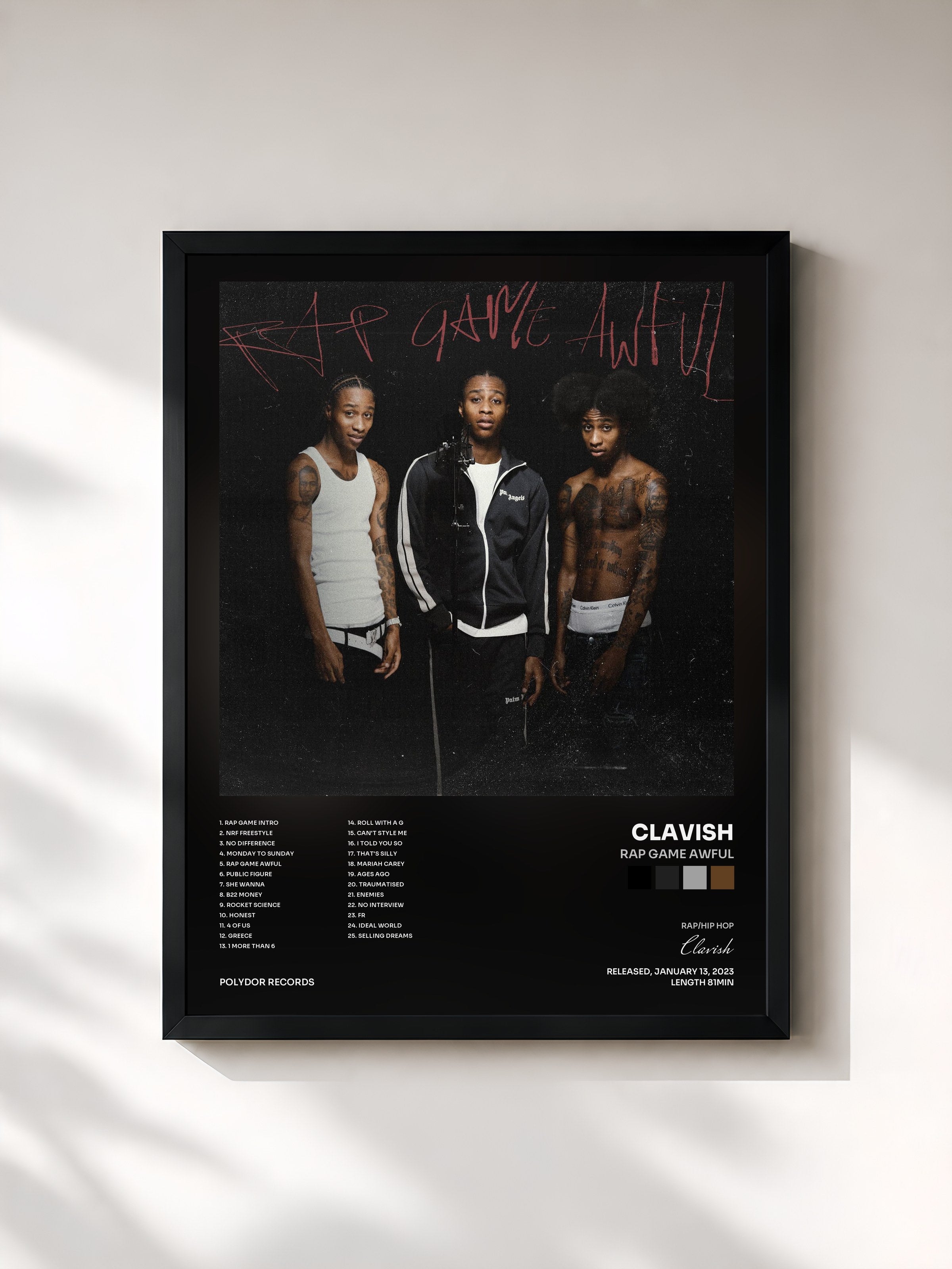 #noir Tableau de l'album Rap Game Awful de Clavish, cadre noir, imprimé et encadré en France
