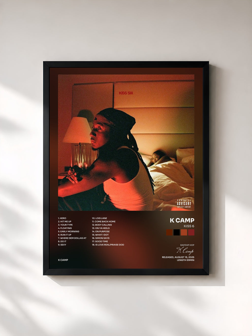 #noir Tableau de l'album Kiss 6 de K Camp, cadre noir, imprimé et encadré en France