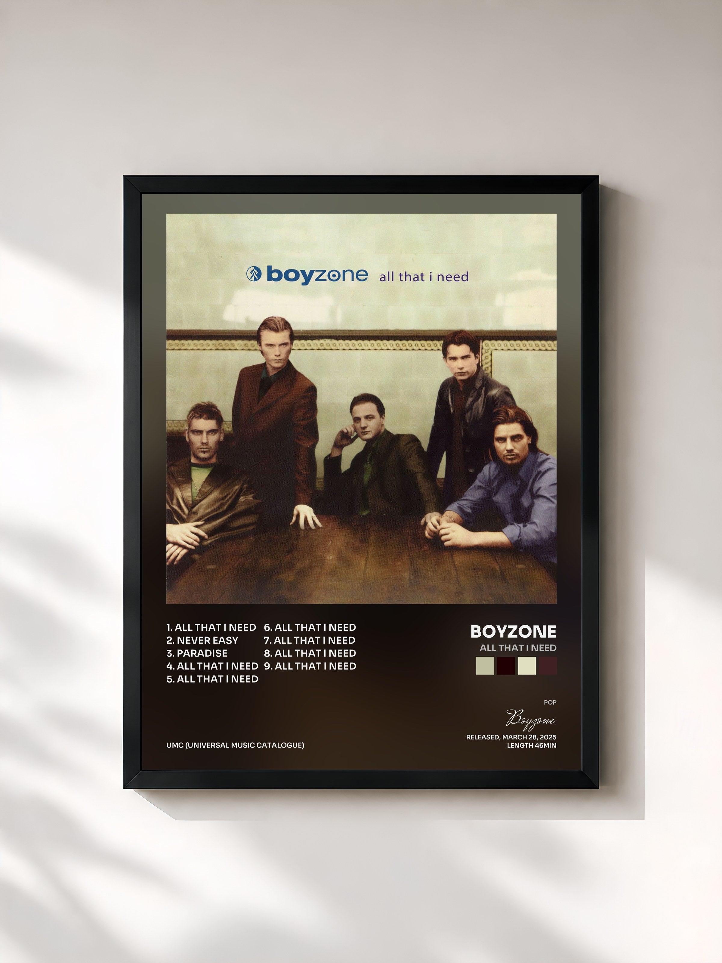 #noir Tableau de l'album All That I Need de Boyzone, cadre noir, imprimé et encadré en France