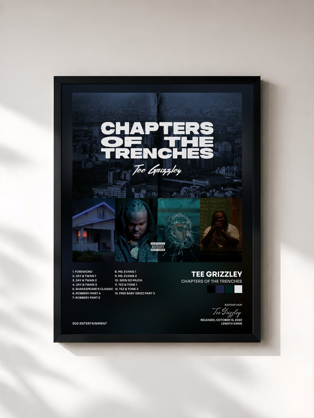 #noir Tableau de l'album Chapters Of The Trenches de Tee Grizzley, cadre noir, imprimé et encadré en France