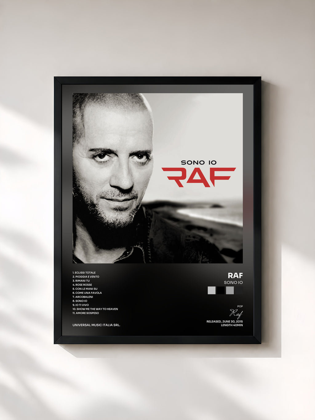 #noir Tableau de l'album Sono Io de Raf, cadre noir, imprimé et encadré en France