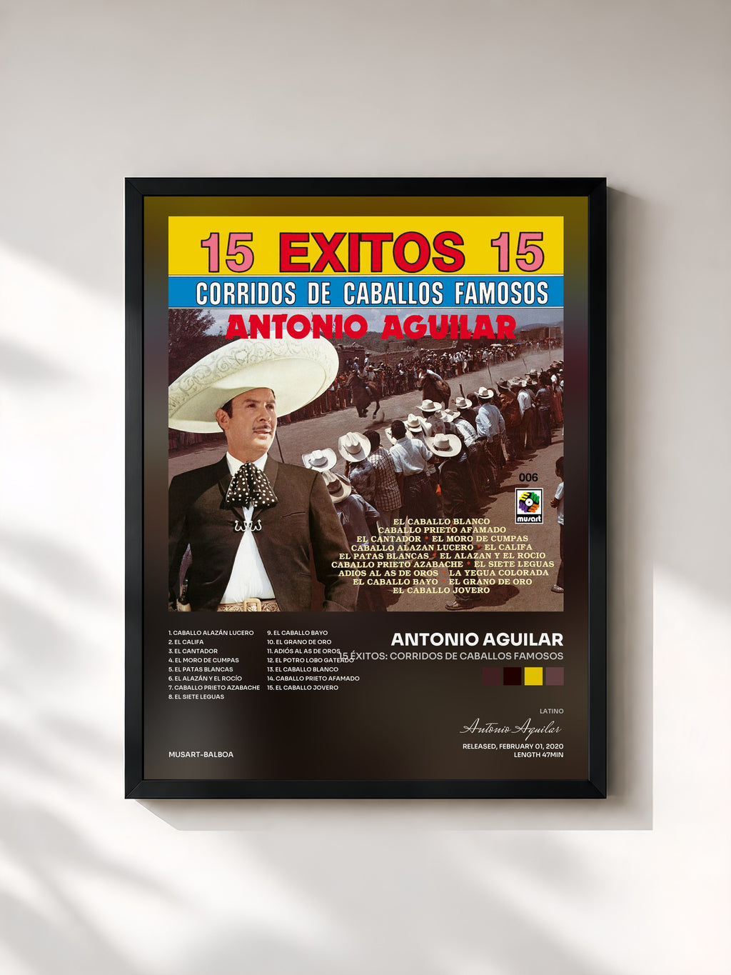 #noir Tableau de l'album 15 Éxitos: Corridos de Caballos Famosos de Antonio Aguilar, cadre noir, imprimé et encadré en France