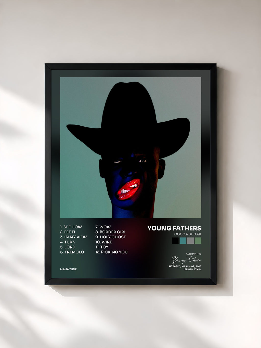 #noir Tableau de l'album Cocoa Sugar de Young Fathers, cadre noir, imprimé et encadré en France