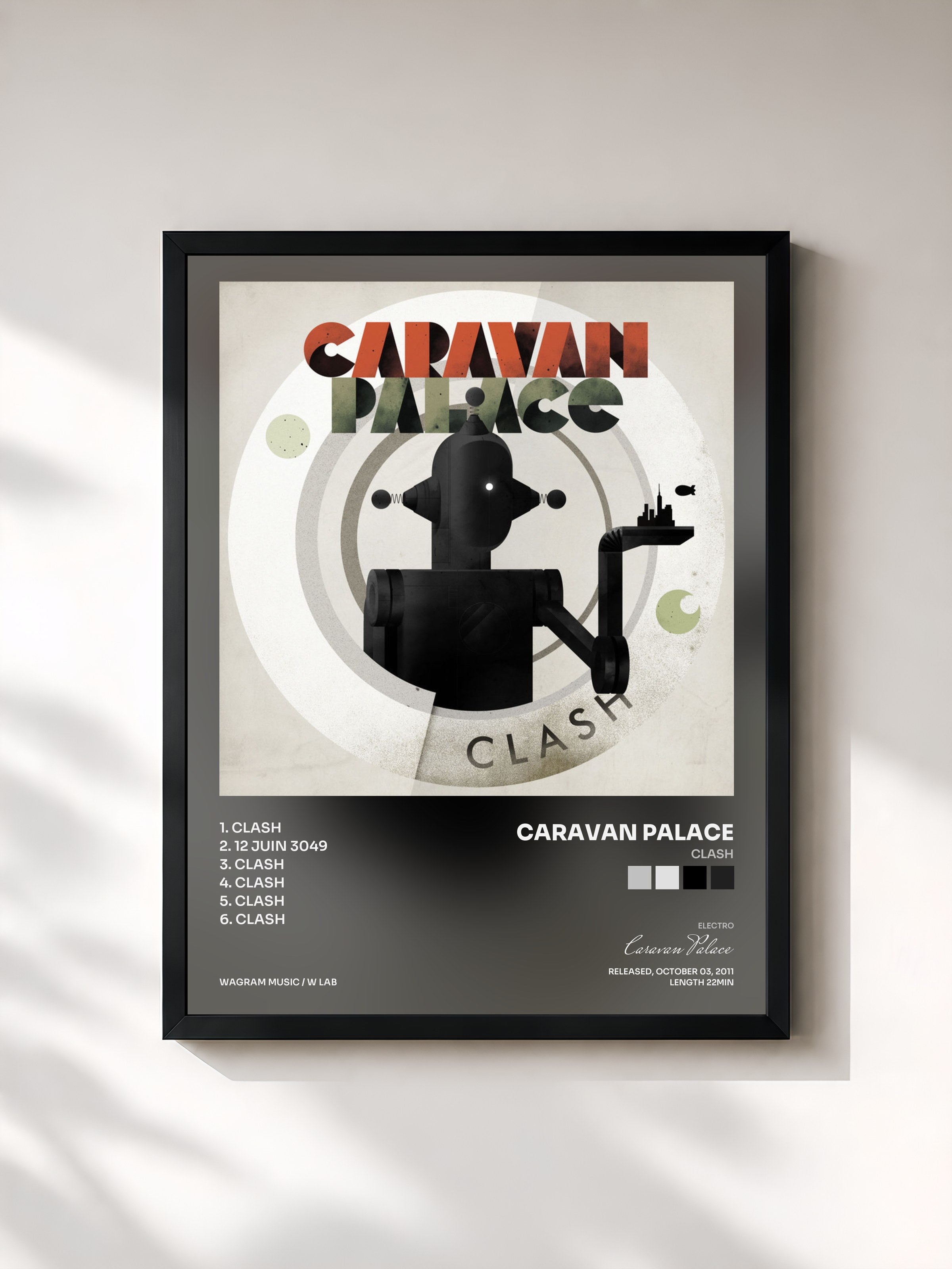 #noir Tableau de l'album Clash de Caravan Palace, cadre noir, imprimé et encadré en France