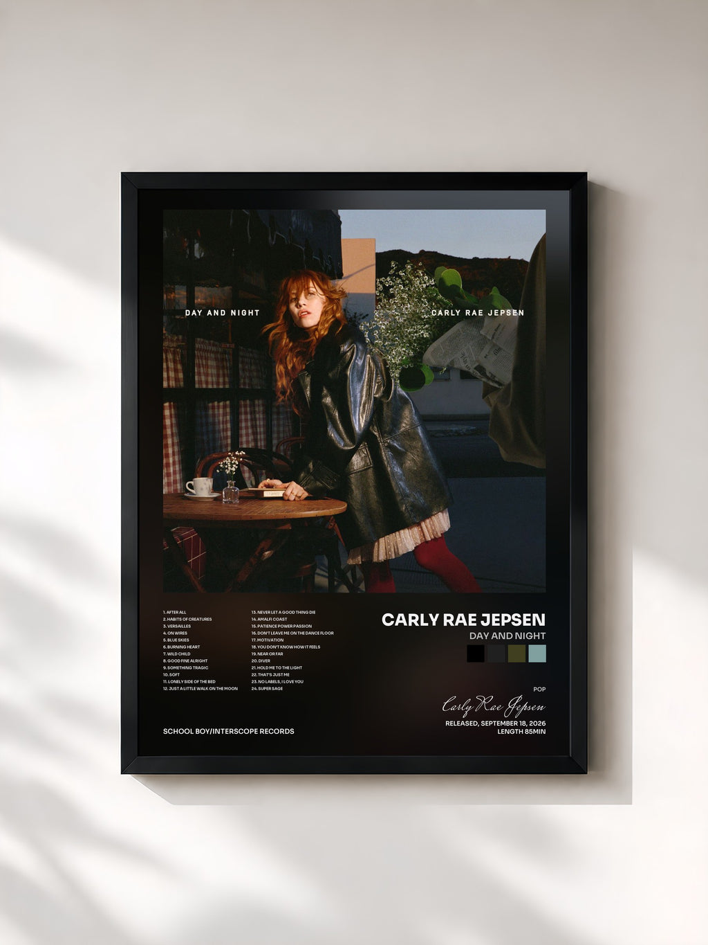#noir Tableau de l'album Day and Night de Carly Rae Jepsen, cadre noir, imprimé et encadré en France
