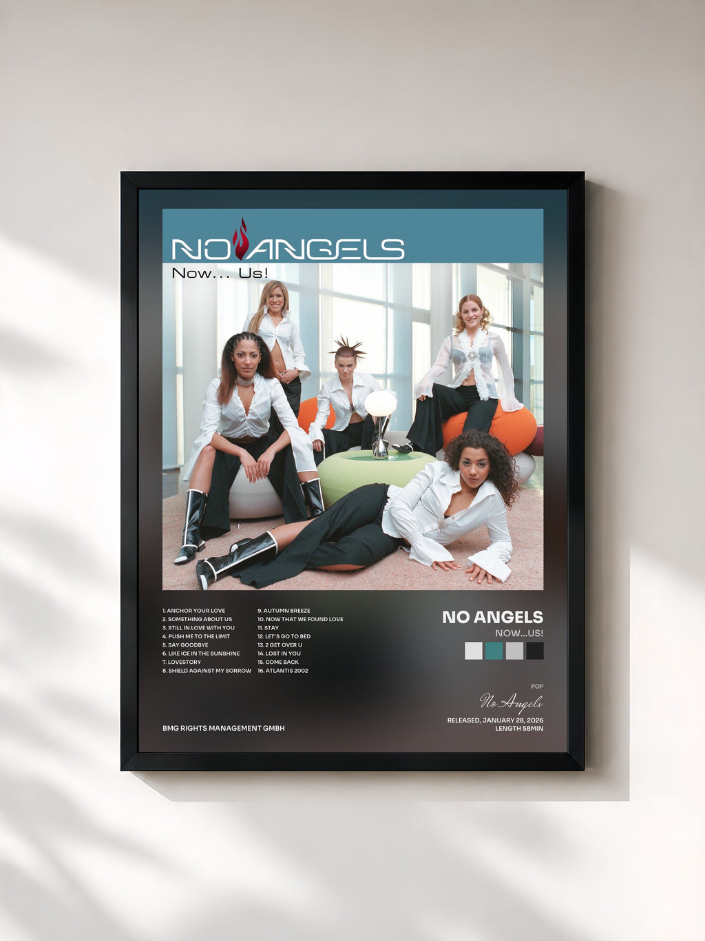 #noir Tableau de l'album Now...US! de No Angels, cadre noir, imprimé et encadré en France
