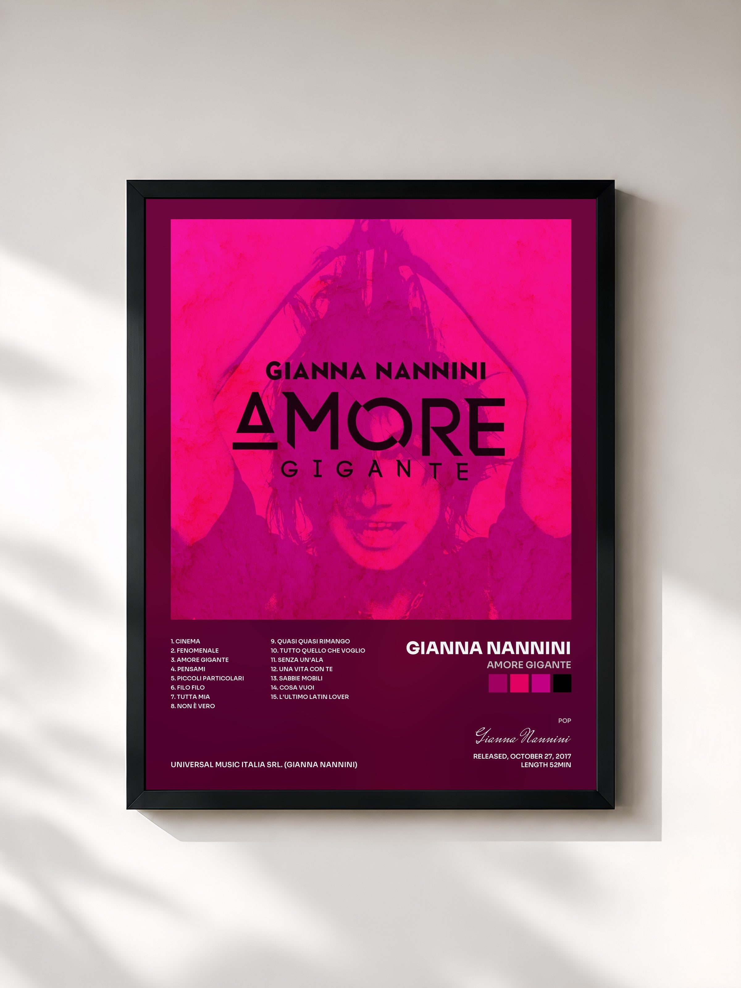 #noir Tableau de l'album Amore gigante de Gianna Nannini, cadre noir, imprimé et encadré en France