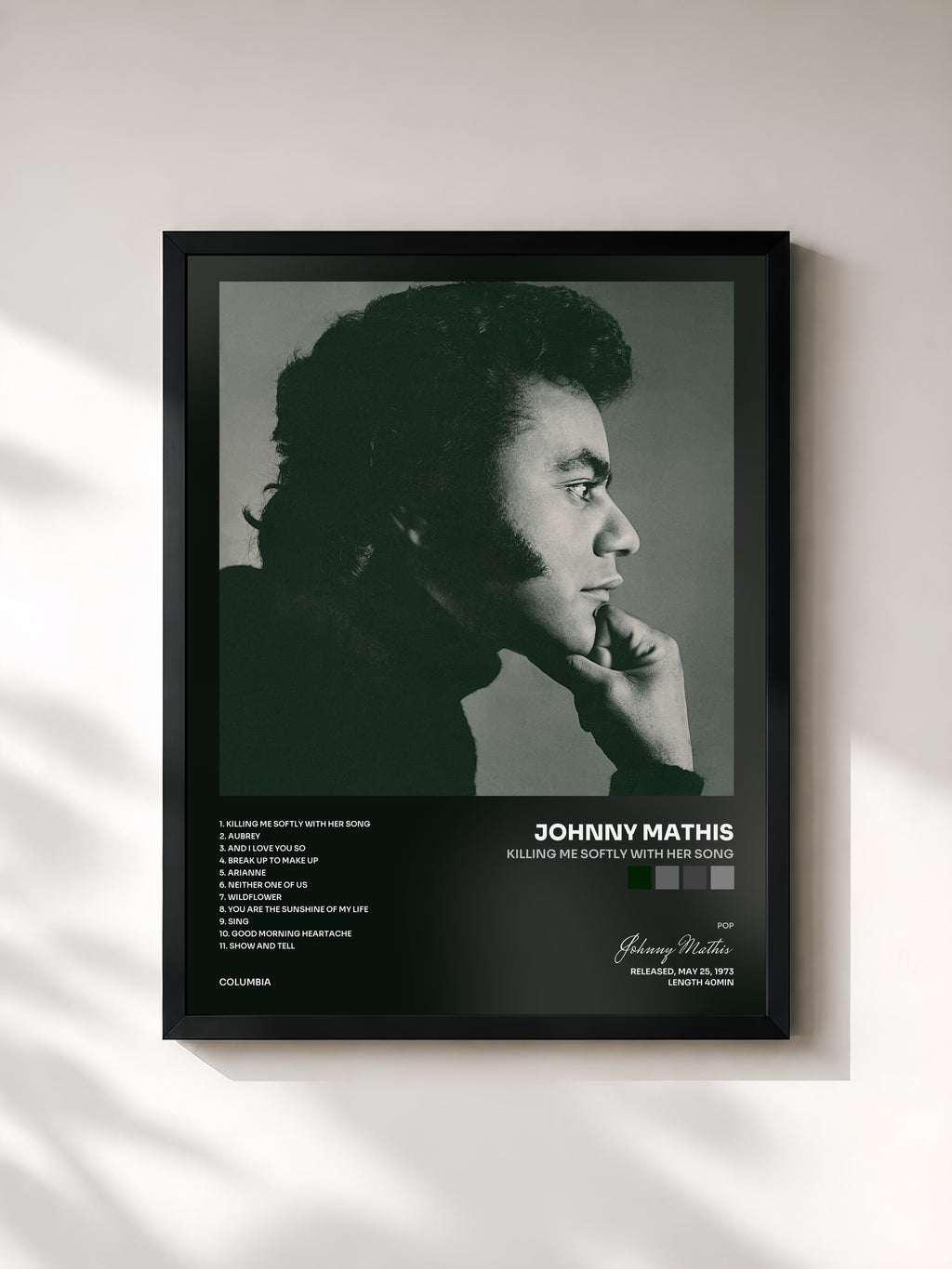 #noir Tableau de l'album Killing Me Softly with Her Song de Johnny Mathis, cadre noir, imprimé et encadré en France