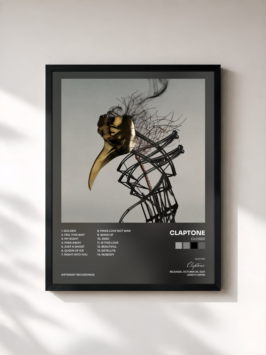 #noir Tableau de l'album Closer de Claptone, cadre noir, imprimé et encadré en France