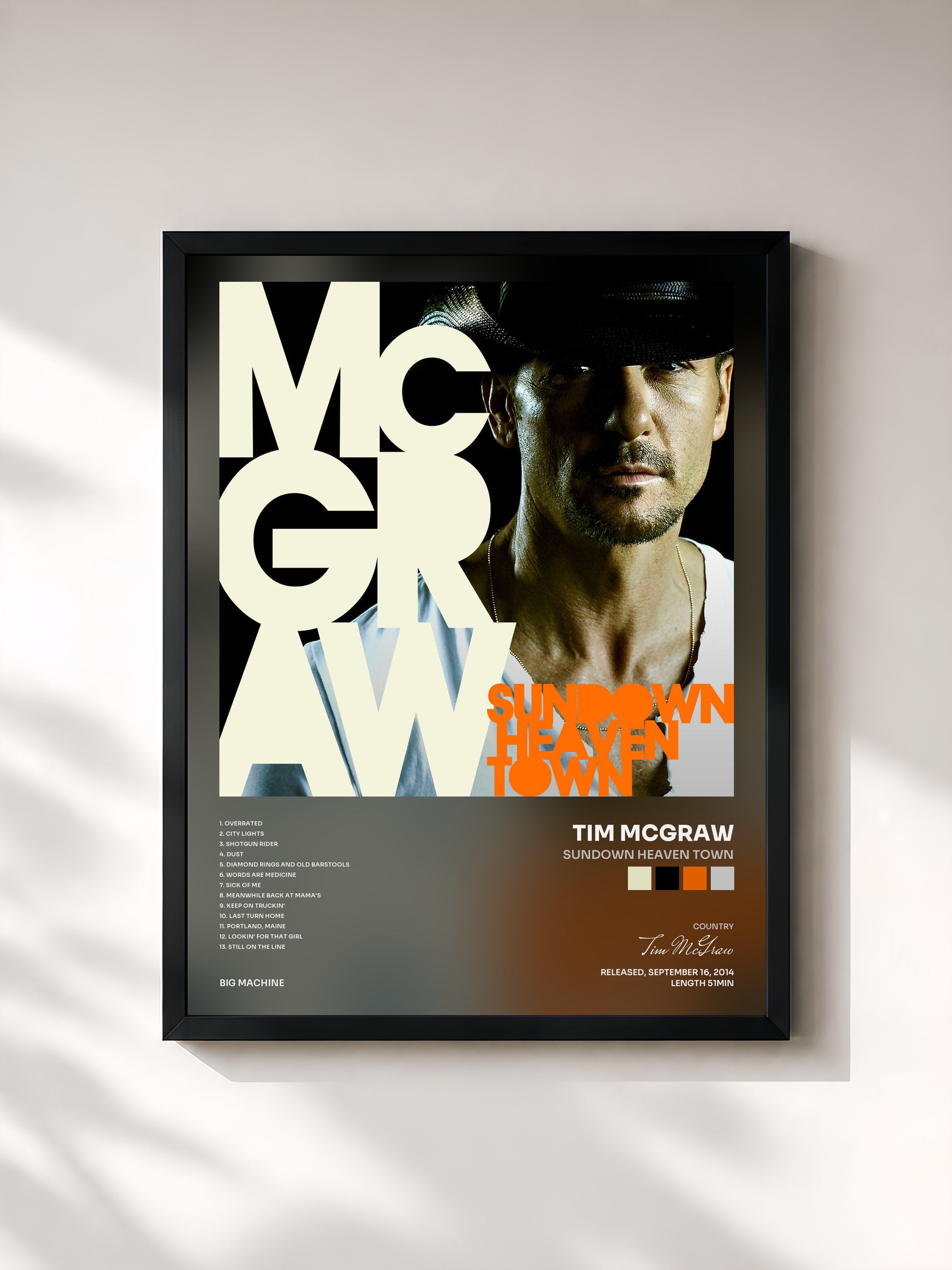 #noir Tableau de l'album Sundown Heaven Town de Tim McGraw, cadre noir, imprimé et encadré en France