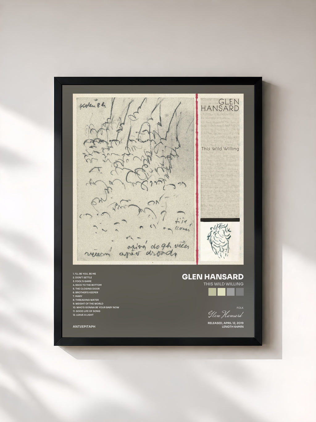 #noir Tableau de l'album This Wild Willing de Glen Hansard, cadre noir, imprimé et encadré en France
