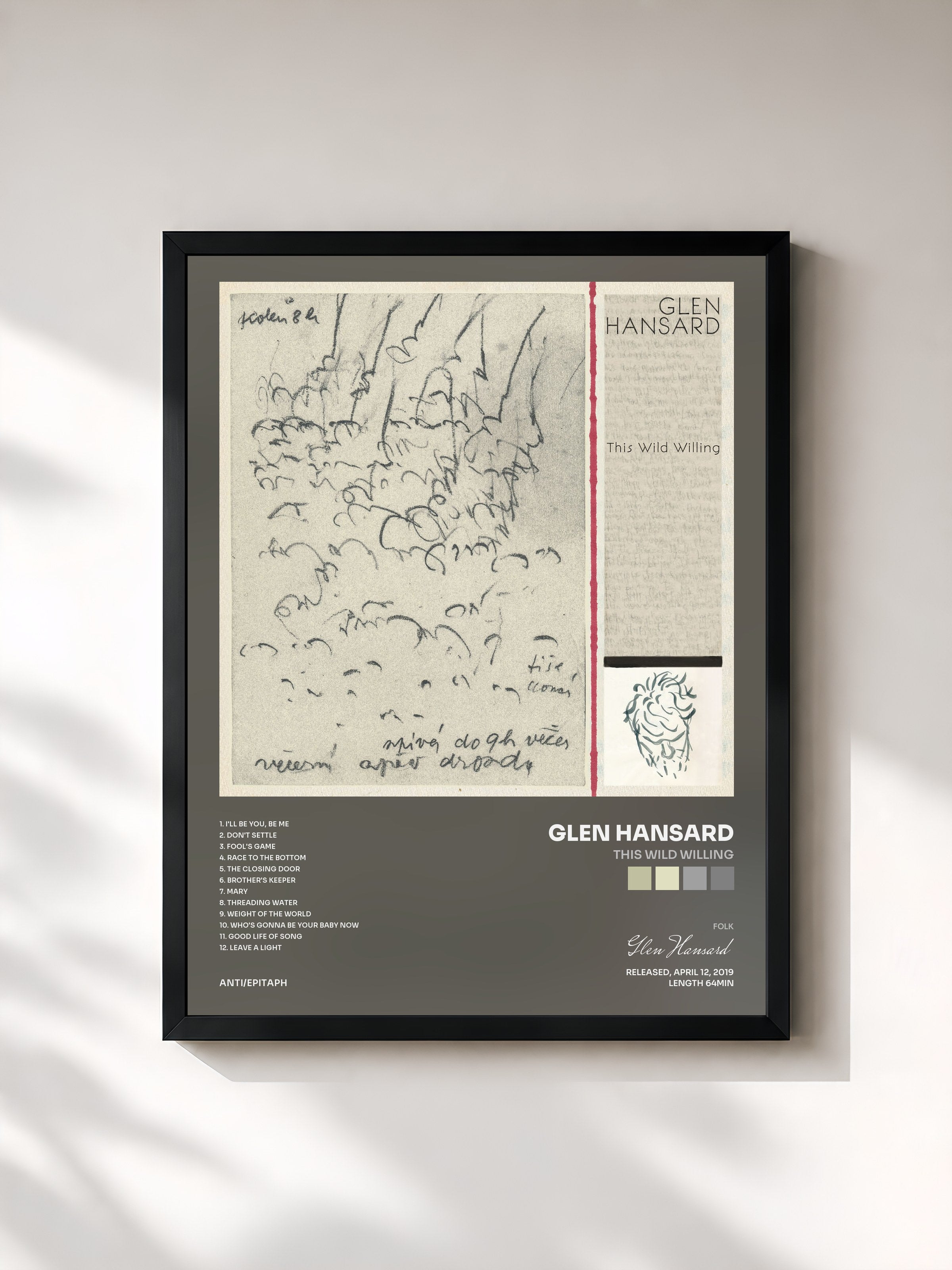 #noir Tableau de l'album This Wild Willing de Glen Hansard, cadre noir, imprimé et encadré en France