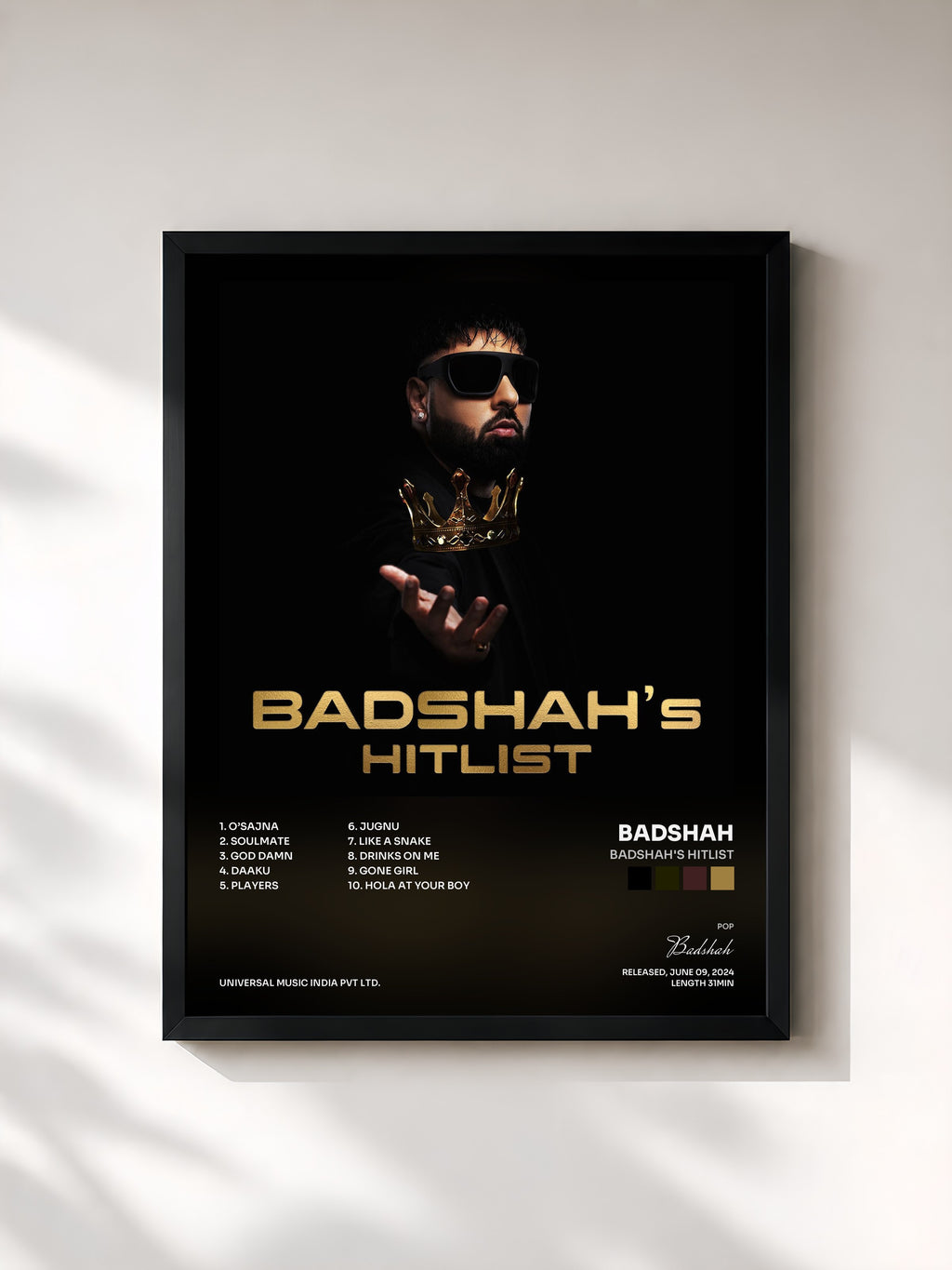 #noir Tableau de l'album BADSHAH's HITLIST de Badshah, cadre noir, imprimé et encadré en France