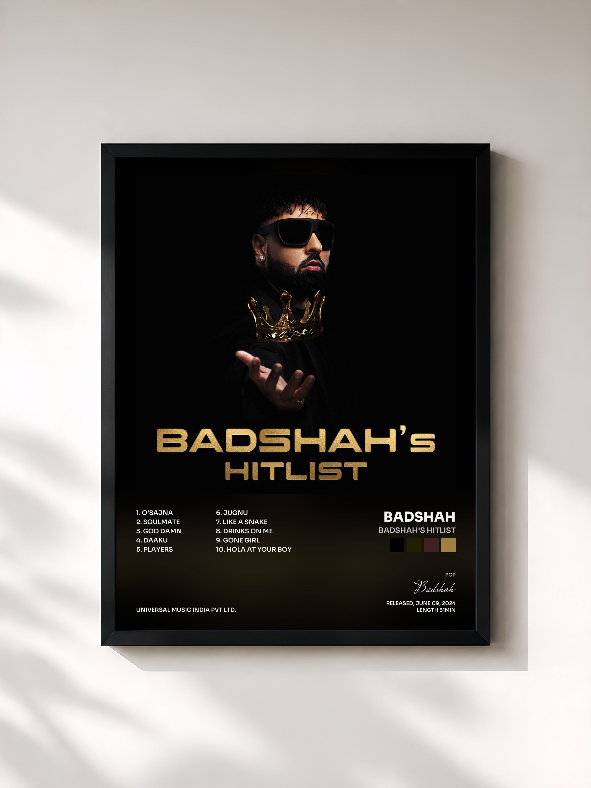 #noir Tableau de l'album BADSHAH's HITLIST de Badshah, cadre noir, imprimé et encadré en France