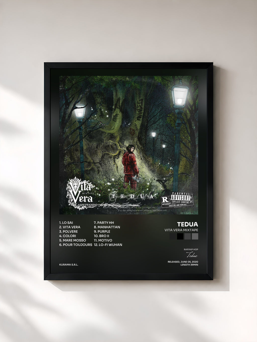 #noir Tableau de l'album Vita Vera Mixtape de Tedua, cadre noir, imprimé et encadré en France