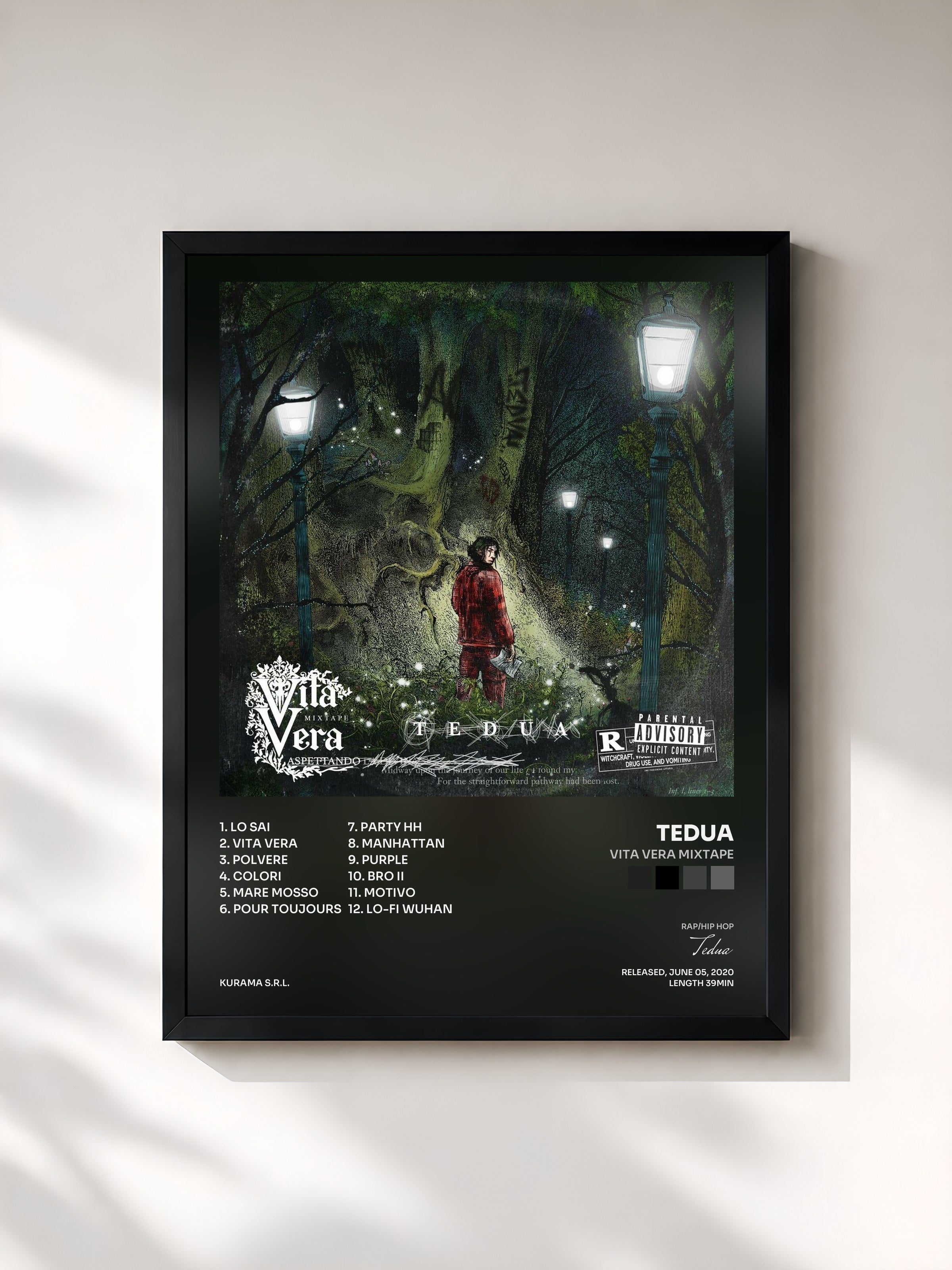 #noir Tableau de l'album Vita Vera Mixtape de Tedua, cadre noir, imprimé et encadré en France