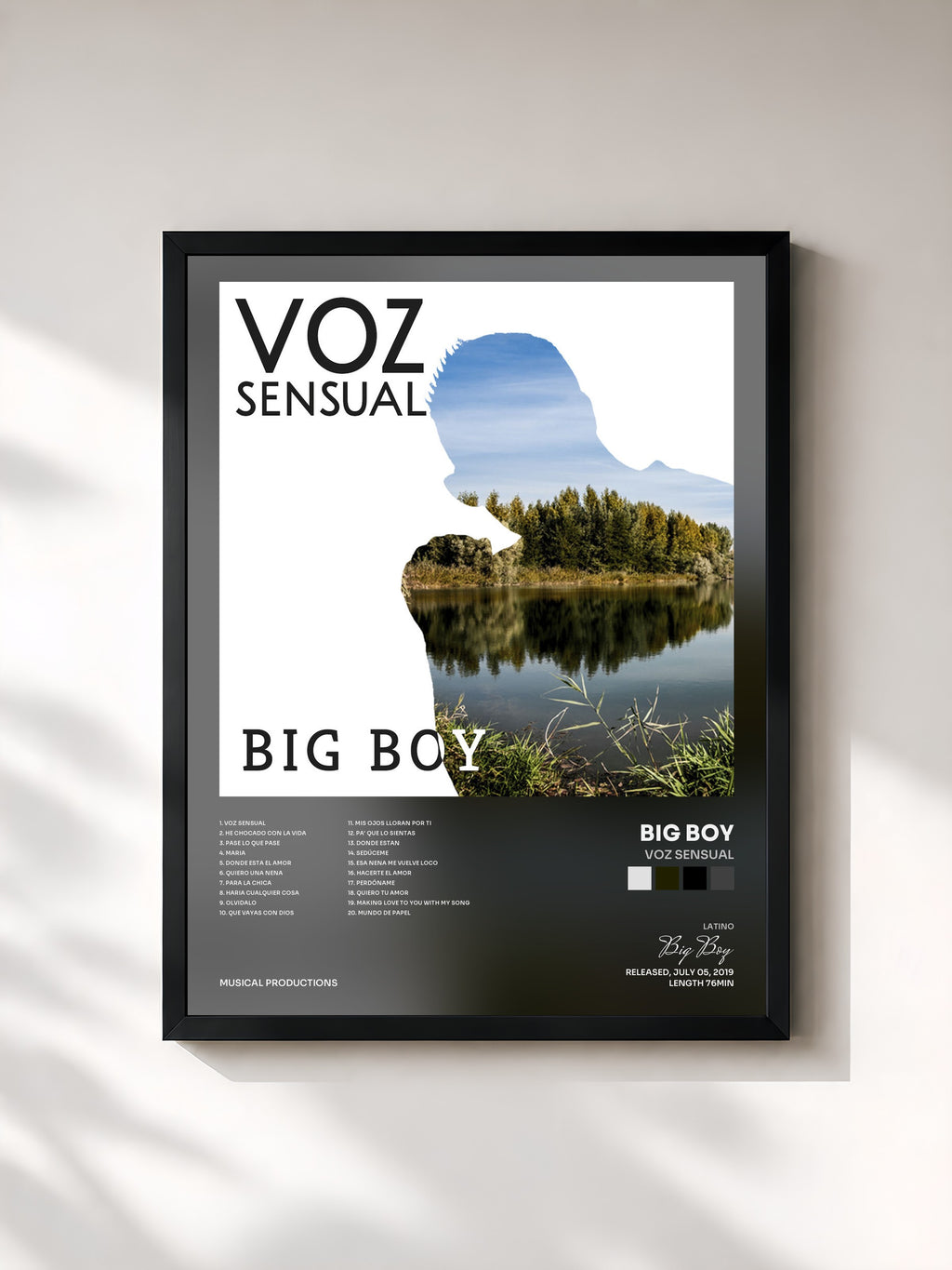 #noir Tableau de l'album Voz Sensual de Big Boy, cadre noir, imprimé et encadré en France