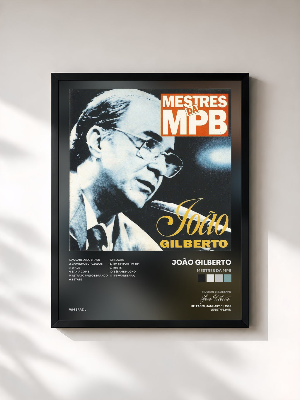 #noir Tableau de l'album Mestres da Mpb de João Gilberto, cadre noir, imprimé et encadré en France