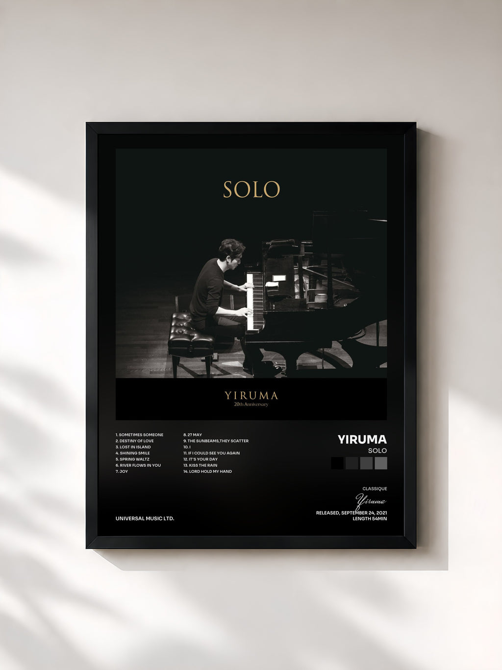 #noir Tableau de l'album SOLO de Yiruma, cadre noir, imprimé et encadré en France