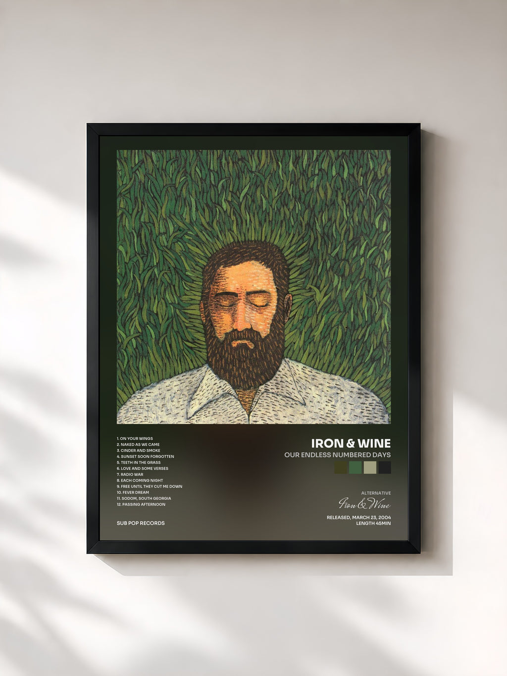 #noir Tableau de l'album Our Endless Numbered Days de Iron & Wine, cadre noir, imprimé et encadré en France