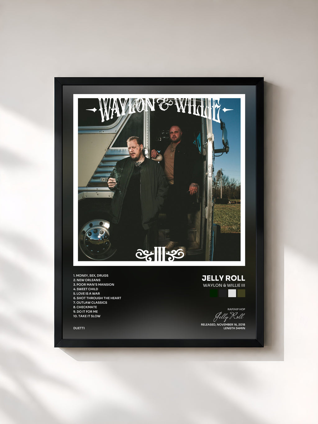 #noir Tableau de l'album Waylon & Willie III de Jelly Roll, cadre noir, imprimé et encadré en France