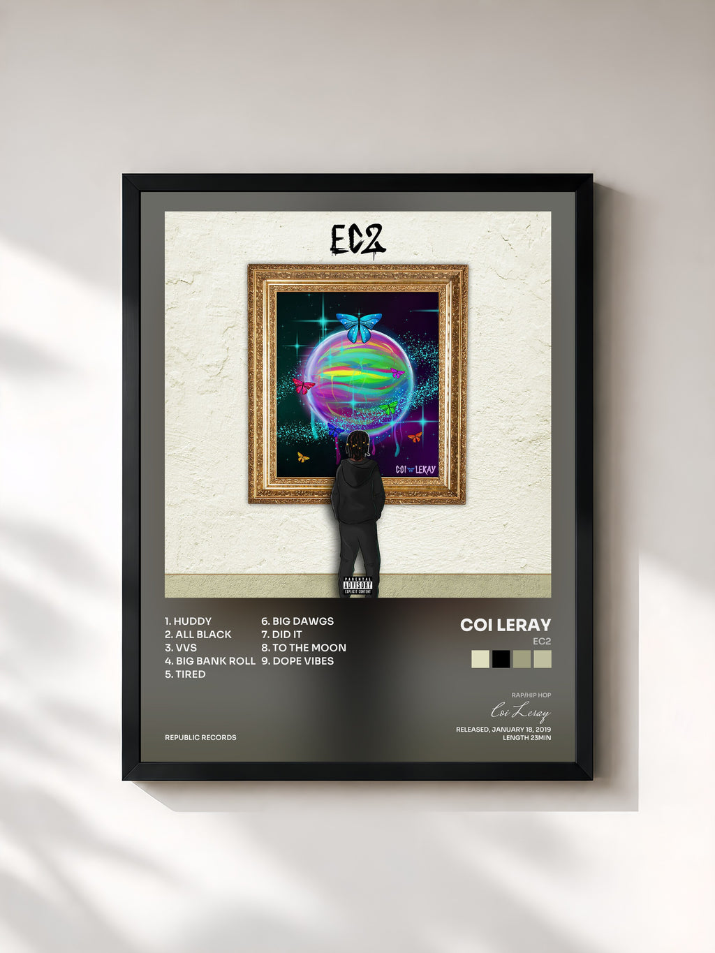 #noir Tableau de l'album EC2 de Coi Leray, cadre noir, imprimé et encadré en France