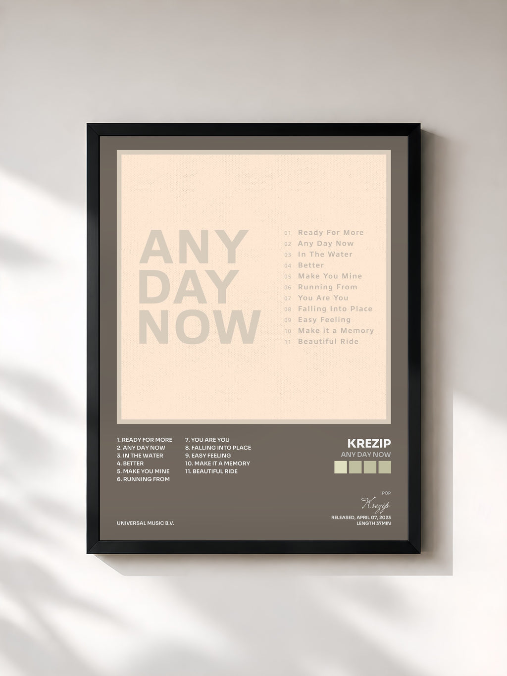 #noir Tableau de l'album Any Day Now de Krezip, cadre noir, imprimé et encadré en France