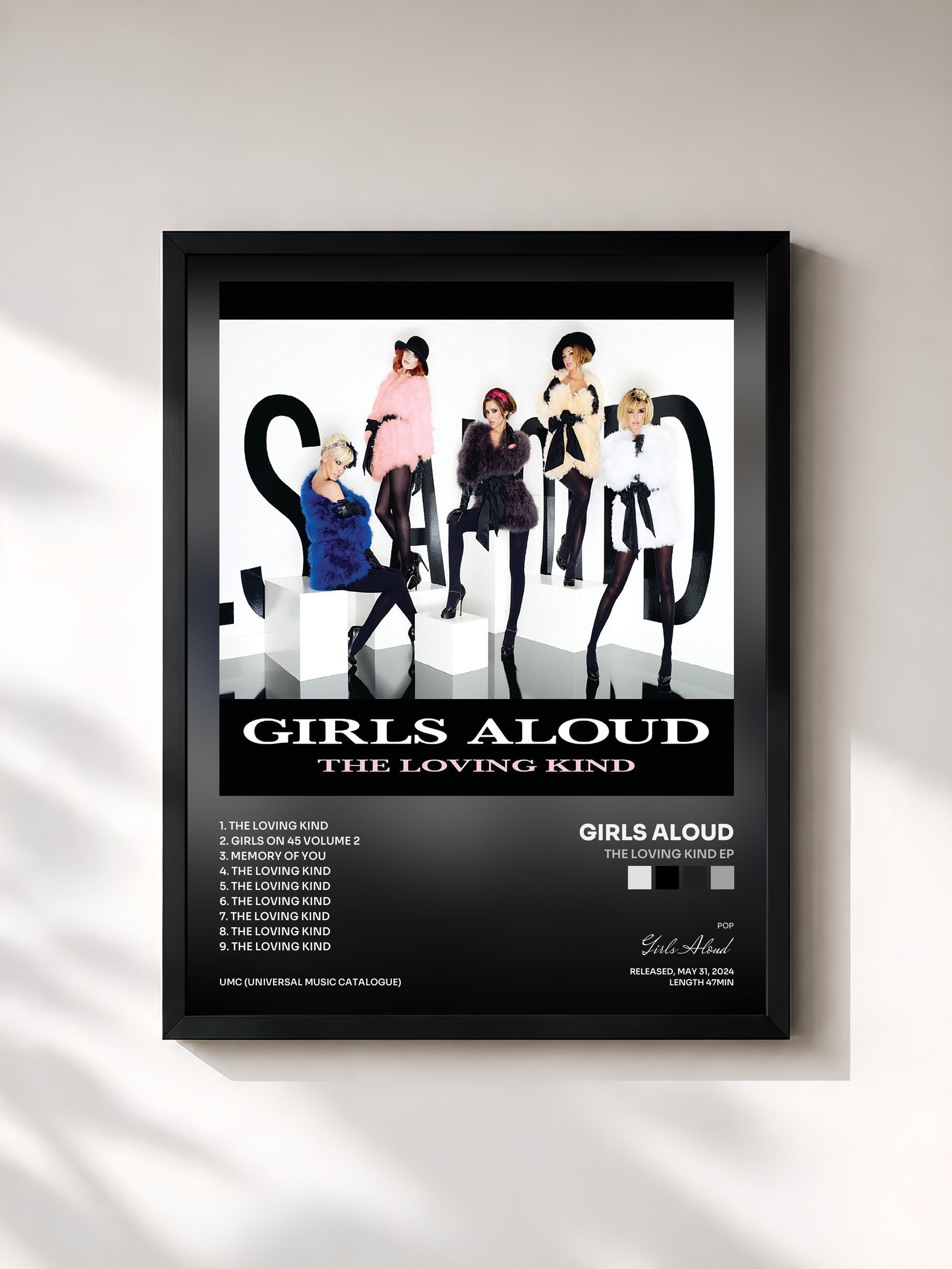 #noir Tableau de l'album The Loving Kind EP de Girls Aloud, cadre noir, imprimé et encadré en France