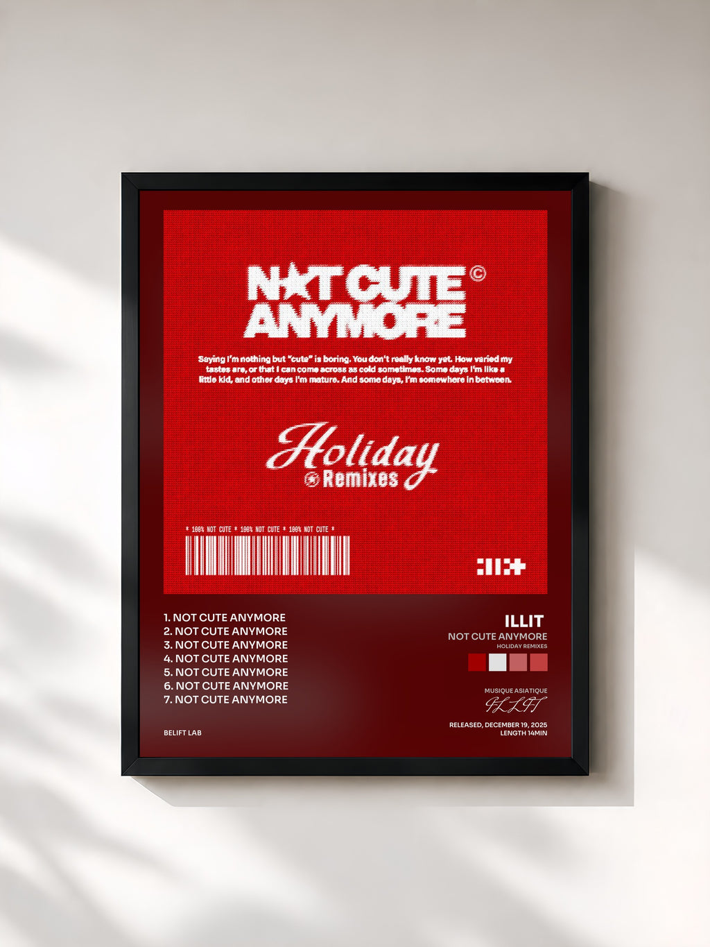 #noir Tableau de l'album NOT CUTE ANYMORE (Holiday Remixes) de ILLIT , cadre noir, imprimé et encadré en France