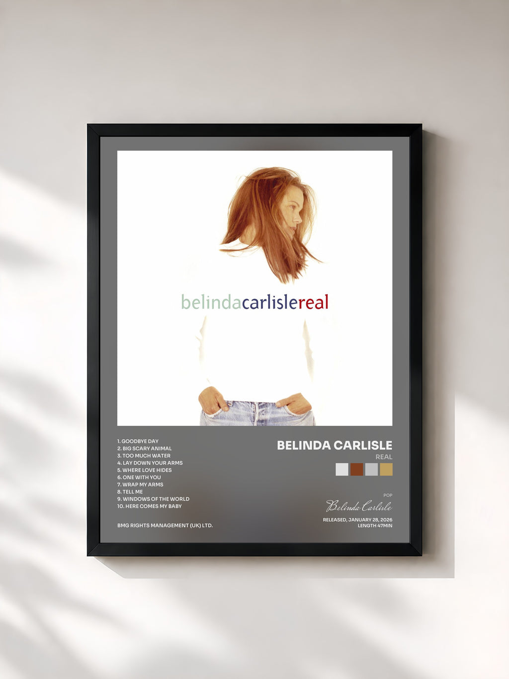#noir Tableau de l'album Real de Belinda Carlisle, cadre noir, imprimé et encadré en France