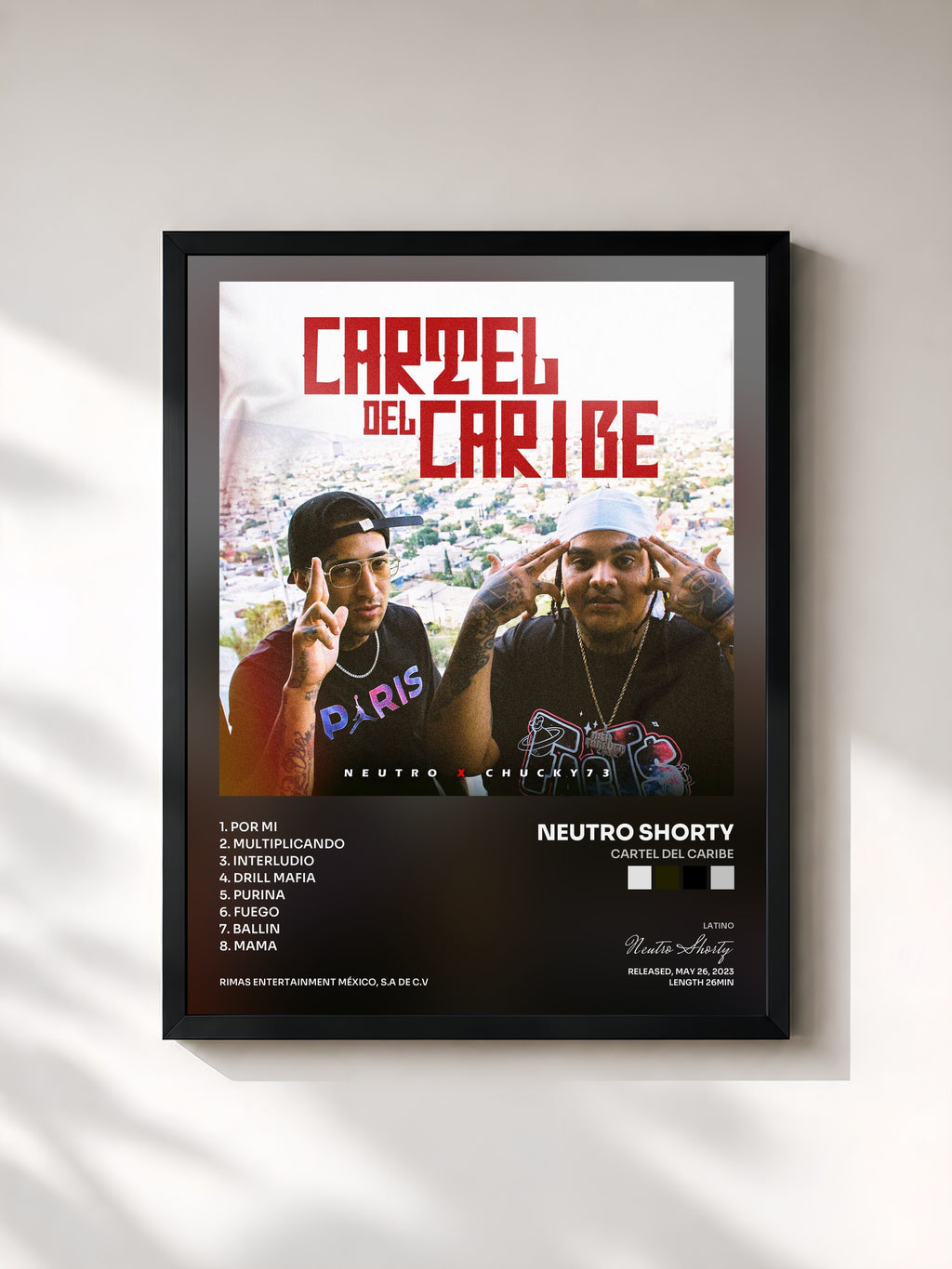 #noir Tableau de l'album Cartel del Caribe de Neutro Shorty, cadre noir, imprimé et encadré en France