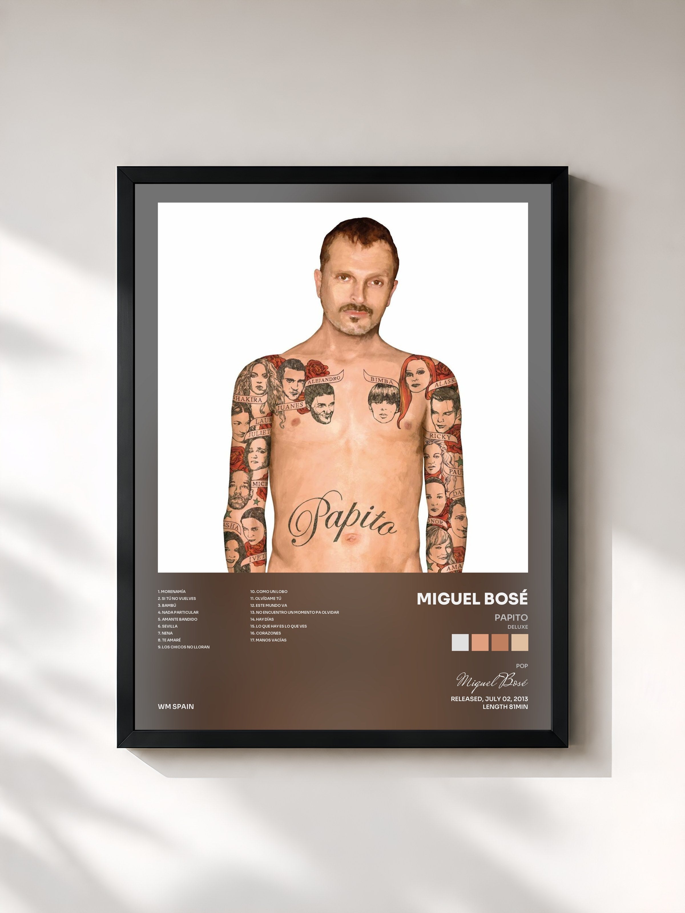 #noir Tableau de l'album Papito (Deluxe) de Miguel Bosé, cadre noir, imprimé et encadré en France
