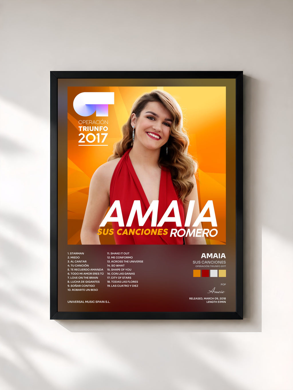 #noir Tableau de l'album Sus Canciones (Operación Triunfo 2017) de Amaia, cadre noir, imprimé et encadré en France