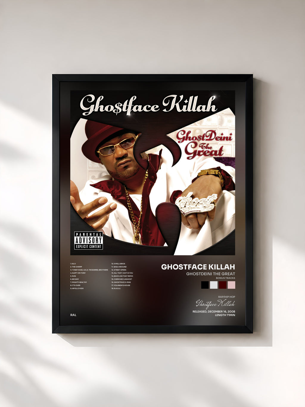 #noir Tableau de l'album GhostDeini The Great (Bonus Tracks) de Ghostface Killah, cadre noir, imprimé et encadré en France