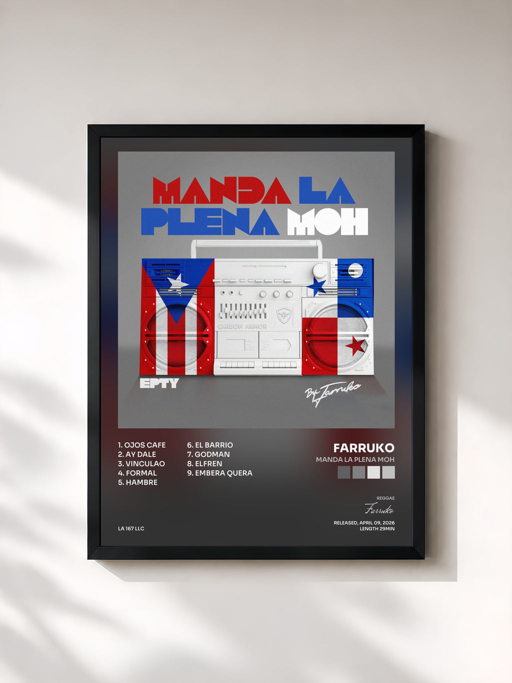 #noir Tableau de l'album Manda La Plena Moh de Farruko, cadre noir, imprimé et encadré en France