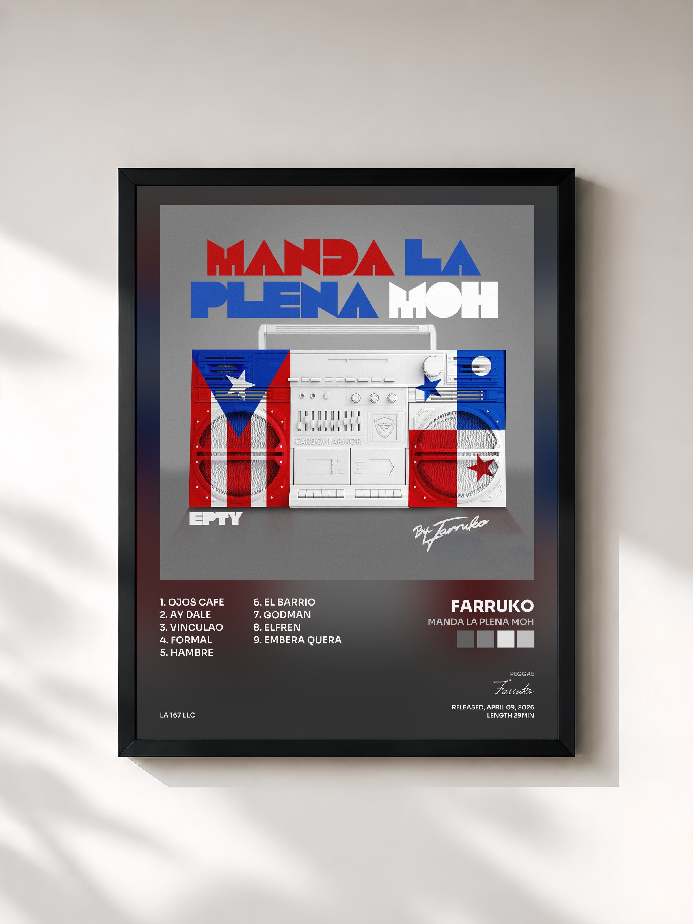 #noir Tableau de l'album Manda La Plena Moh de Farruko, cadre noir, imprimé et encadré en France